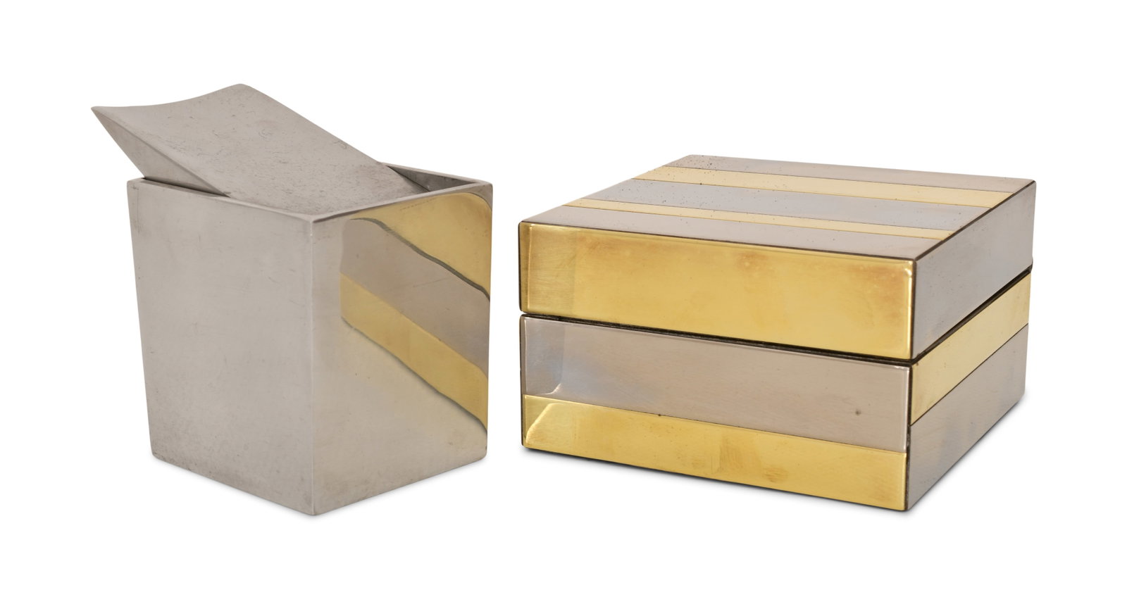A Paul Evans "Cityscape" Box and a Philippe Starck Ashtray: A Paul Evans "Cityscape" Box and a Philippe Starck Ashtray 20th century 3 x 5 x 5 inches (ashtray) 4 1/2 x 4 1/2 x 2 3/4 inches (box) Provenance: Private Collection, New Jersey Other Notes: Fontaine's