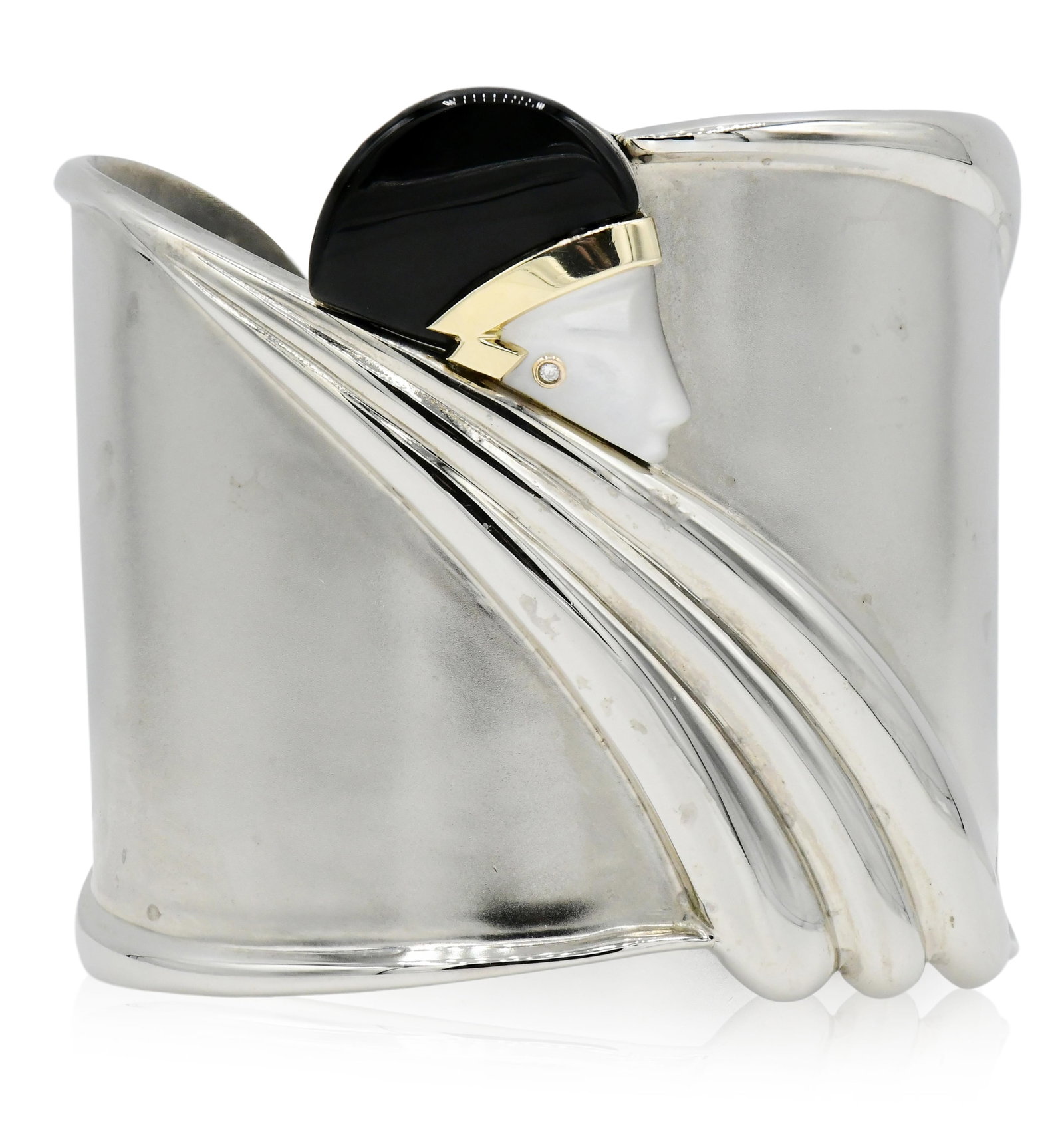 Erte Tempest 14K Yellow Gold, Sterling Silver, Black Onyx, Mother of Pearl & Diamond Cuff Bracelet: Erte Tempest 14K Yellow Gold, Sterling Silver, Black Onyx, Mother of Pearl & Diamond Cuff Bracelet • set with a 0.01 carat round brilliant diamond • 6 3/4 inches (internal circumference) &