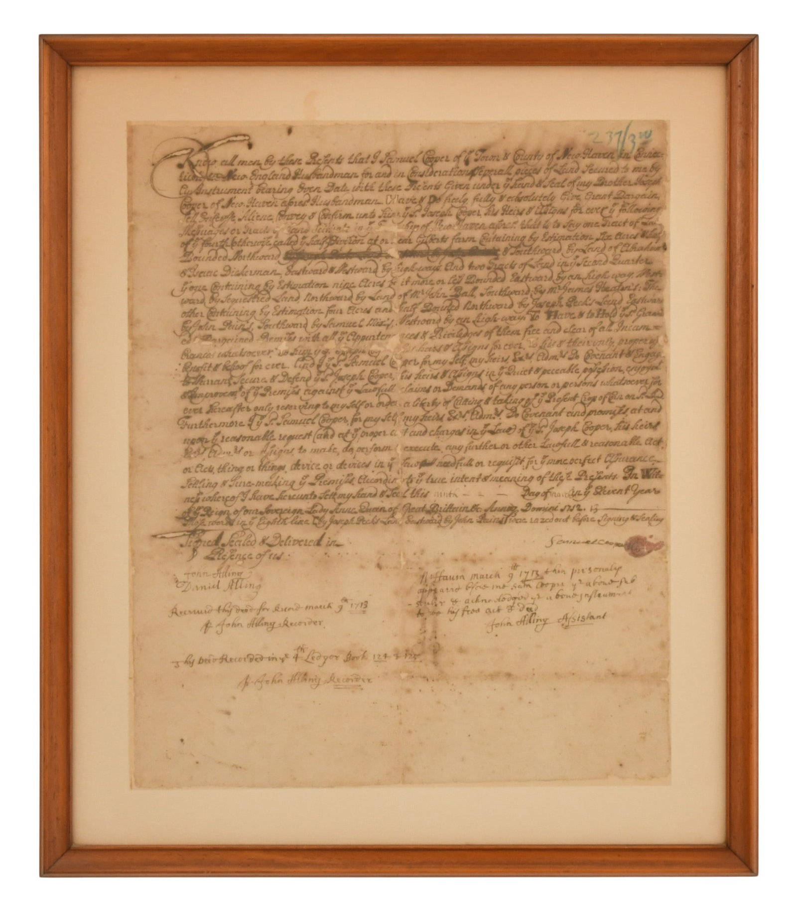 1713 U.S. Land Indenture from New Haven, Connecticut (1 of 1)