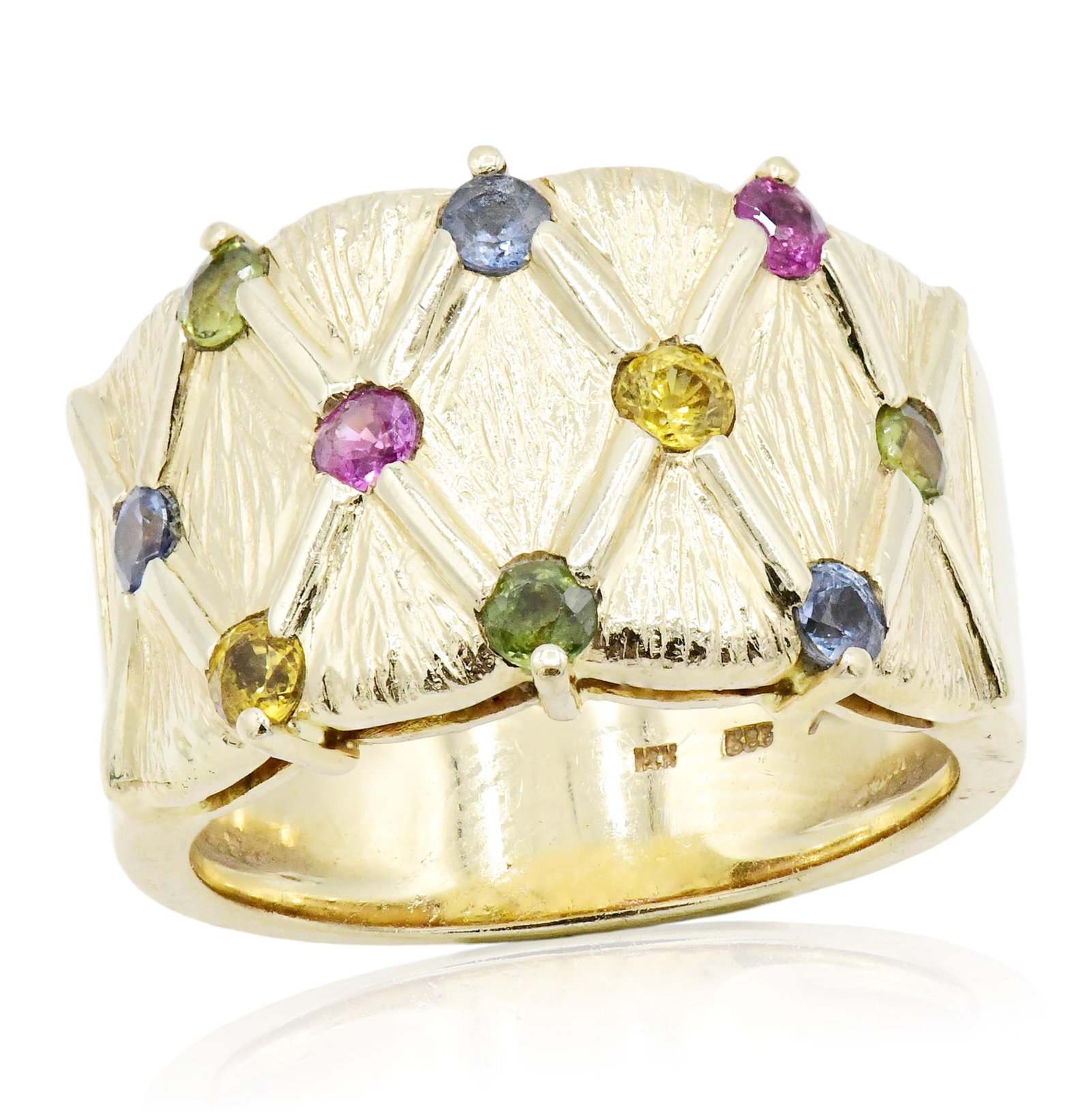14K Yellow Gold & Topaz Ring: 14K Yellow Gold & Topaz Ring • set with faceted round blue, green, yellow and red topaz weighing a total of 0.40 carats • 7 1/4 (ring size) • 6.5 dwt (total weight) Provenance: Priva