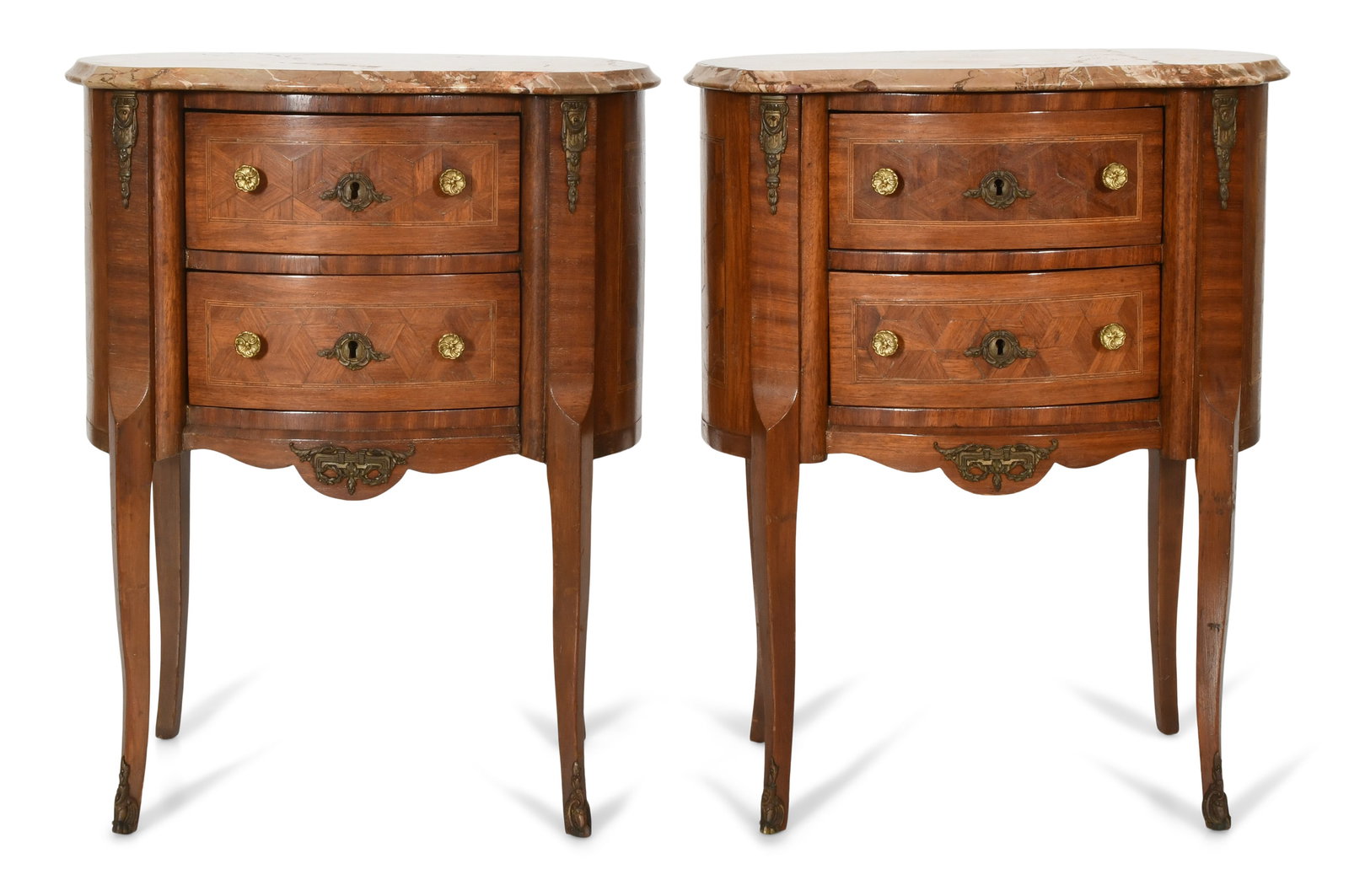A Pair of French Louis XV-Style Gilt Bronze-Mounted Walnut Bombe Commodes with Marble Tops (1 of 1)