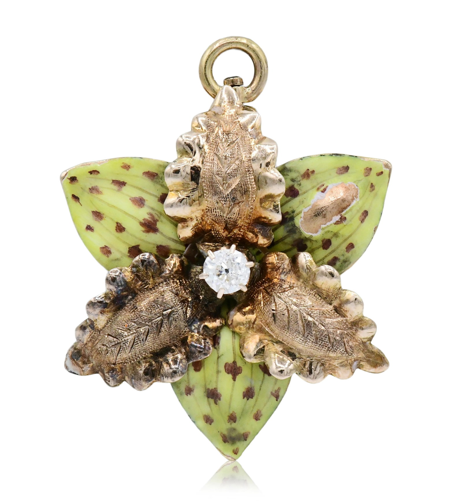 14K Yellow Gold, Diamond & Enamel Art Nouveau Brooch/Pendant: 14K Yellow Gold, Diamond & Enamel Art Nouveau Brooch/Pendant • centering a 0.16 carat Old Mine cut diamond • 1 1/4 inches (length) • 3.9 dwt (total weight) Provenance: Private Collec