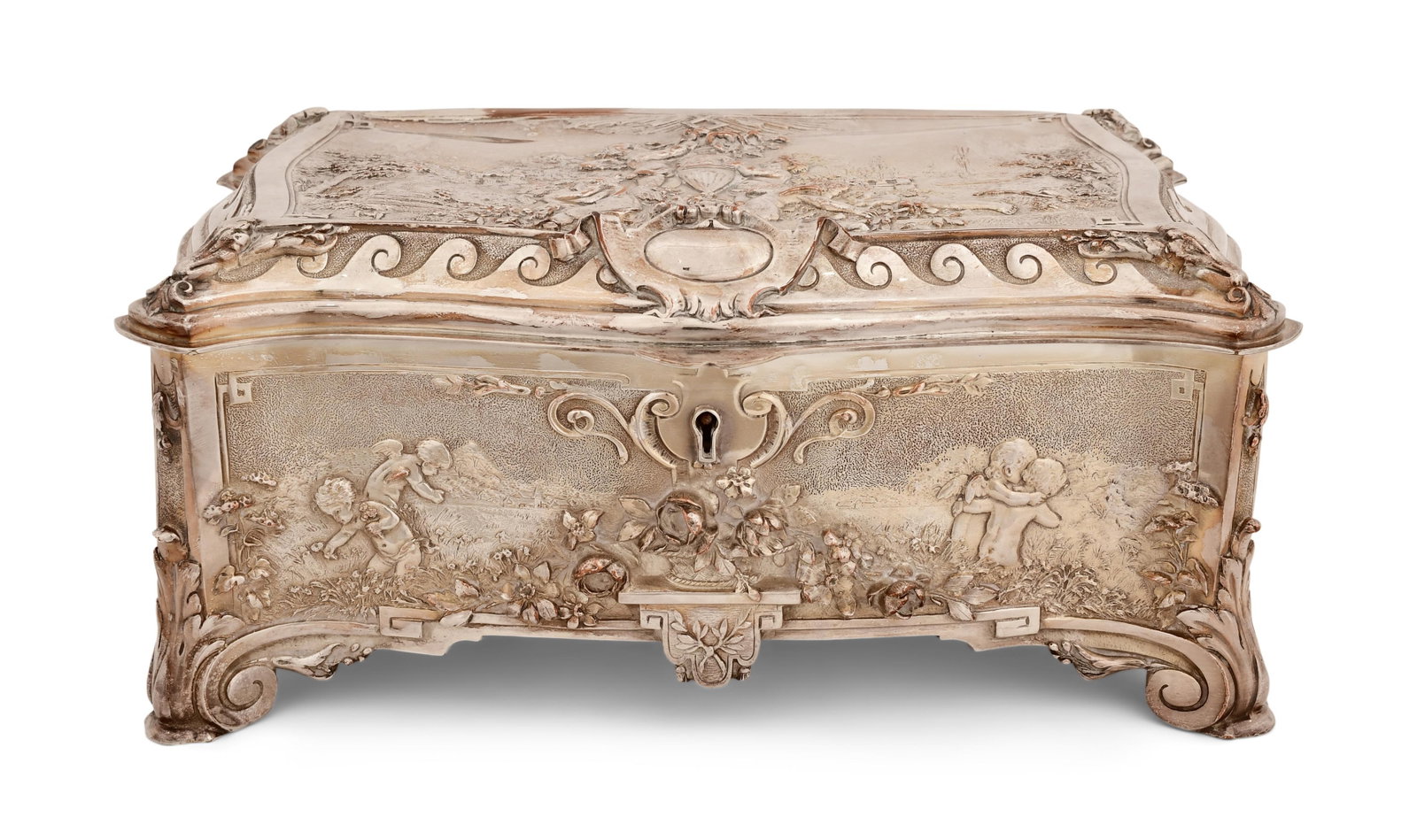 English Silverplate Repousse Box, Walker & Hall, Sheffield: English Silverplate Repousse Box, Walker & Hall, Sheffield early 20th century marked "Walker & Hall, Sheffield" 5 1/2 x 12 x 7 inches Provenance: Private Collection, New York