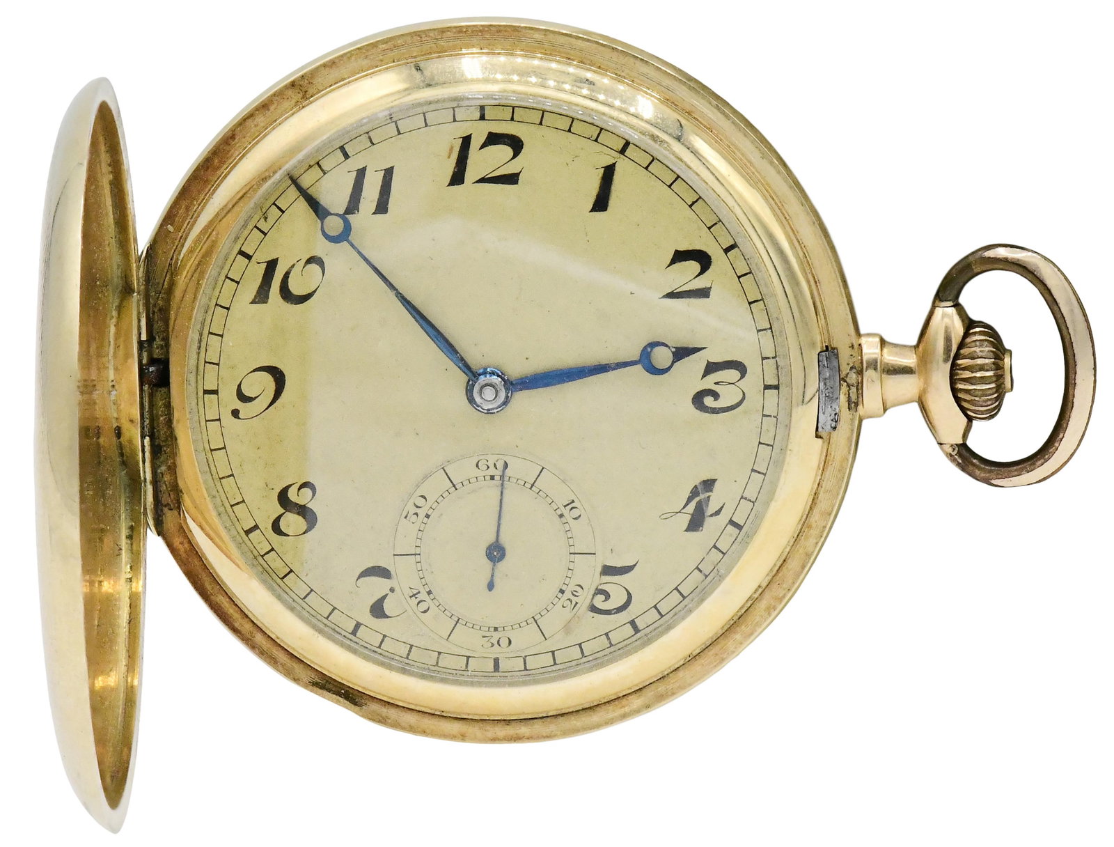 Swiss 14K Gold Pocket Watch, Perla, with Chain Fob: Swiss 14K Gold Pocket Watch, Perla, with Chain Fob Case: 14K Gold, hunter-case Case Diameter: 50mm Chain Fob: Gold-Plated Movement: Manual Dial: Champagne, subsidiary dial at 6 for seconds Signed: Ins