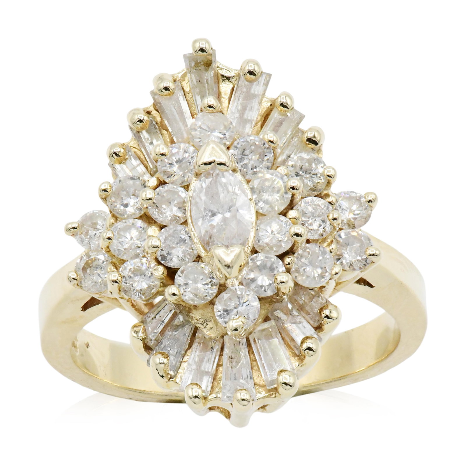 14K Yellow Gold & Diamond Cluster Ring: 14K Yellow Gold & Diamond Cluster Ring • centering a 0.21 carat marquise cut diamond • bordered by round brilliant diamonds weighing a total of 0.80 carats • accented by tapered bagu