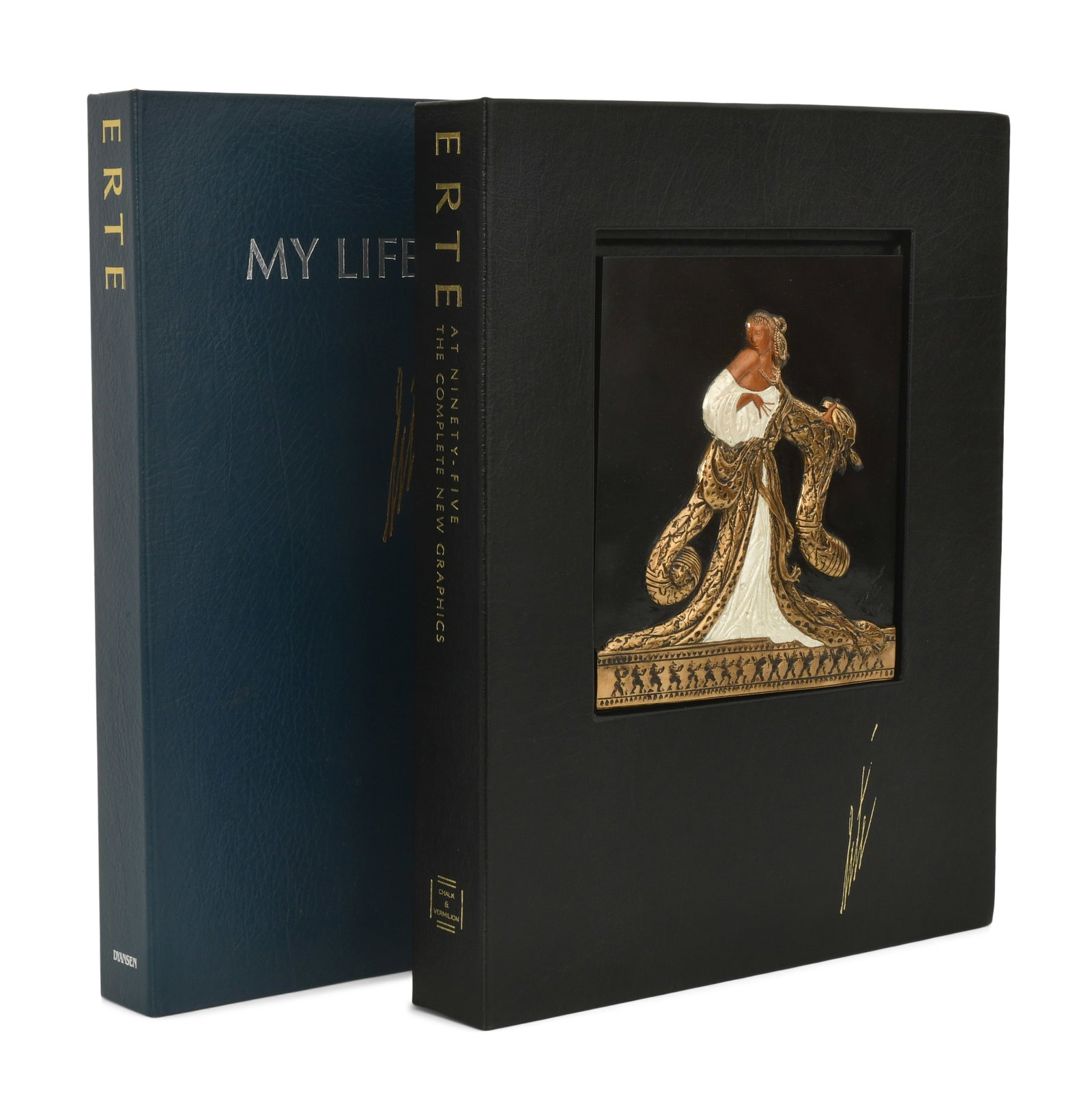 Erte at Ninety-Five: The Complete New Graphics Book and Erte: My Life / My Art Book: Erte at Ninety-Five: The Complete New Graphics Book and Erte: My Life / My Art Book deluxe catalogue raisonne with bronze bas-relief sculpture encased in leather portfolio, bas-relief signed lower rig
