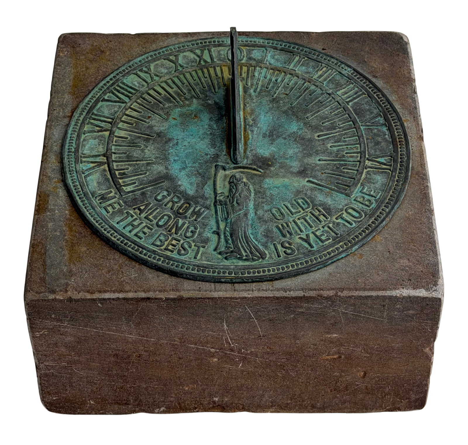 A Bronze & Marble Sundial, 19th Century, "Grow Old Along with Me the Best is Yet to Be": A Pair of Architectural Copper Corbels 19th century 16 x 11 x 19 inches Provenance: Private Collection, Pennsylvania