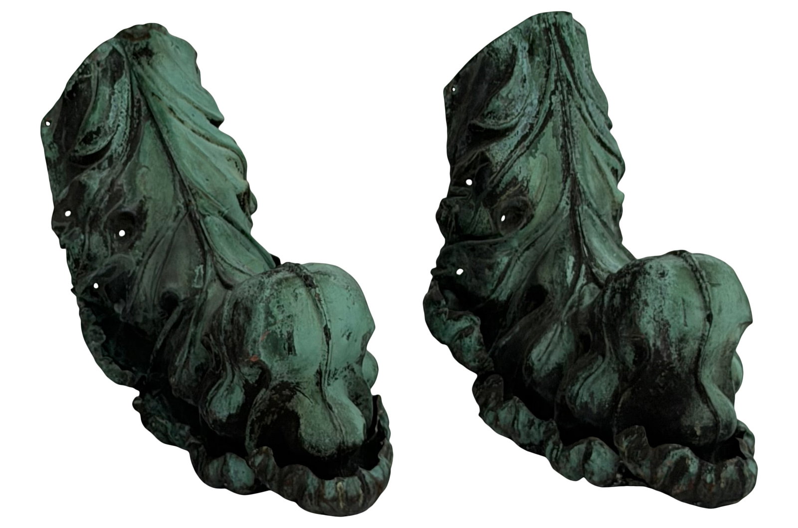 A Pair of Architectural Copper Corbels: English Mahogany Console Table with Slate Top, Retailed by Longley's Antiques, Sussex early 20th century signed with retailer's label 30 x 58 1/2 x 18 1/2 inches Provenance: Private Collection, Pennsy