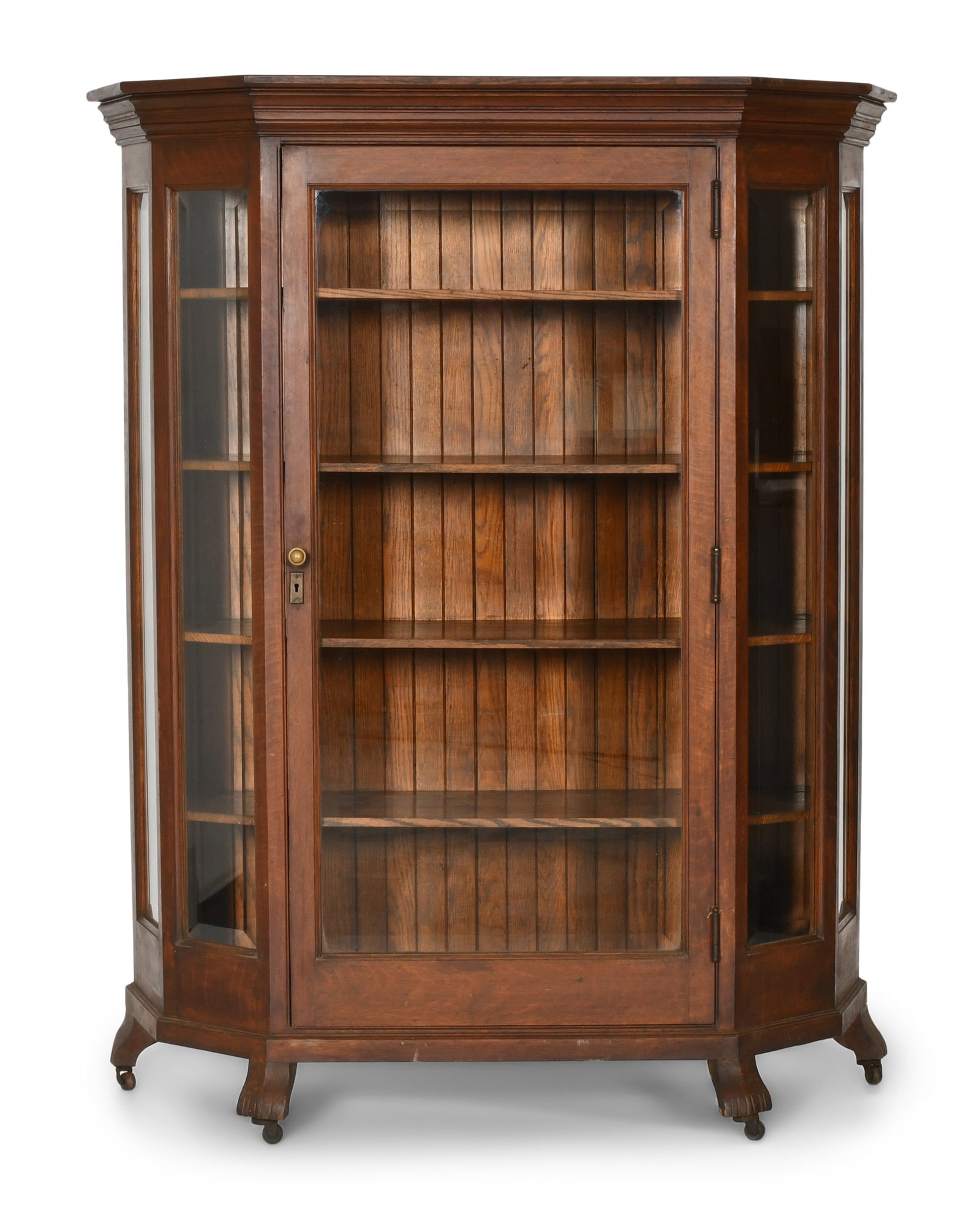 Flint & Horner Co. Beveled Glass Oak Curio Cabinet, New York: A Pair of Italian Painted & Giltwood Marble-Top Console Tables, Jarvis House, New York City 20th century each marked "Made In Italy" 32 x 42 x 24 inches Provenance: Private Collection, Pennsylvania