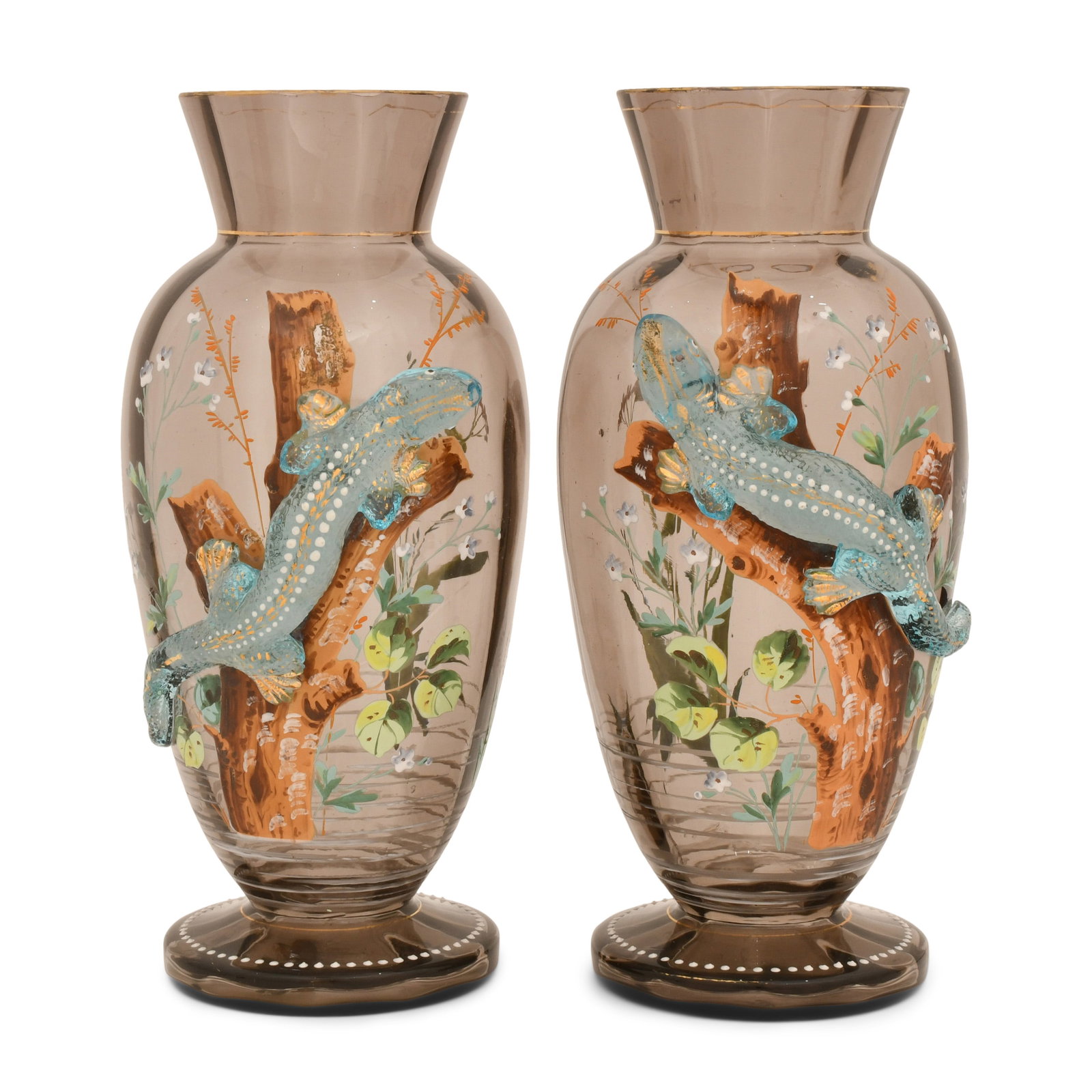 A Pair of Moser Enameled & Applied Glass Lizard Vases: A Pair of Moser Enameled & Applied Glass Lizard Vases early 20th century marked "M" 11 x 4 1/2 inches Provenance: Private Collection, Massachusetts