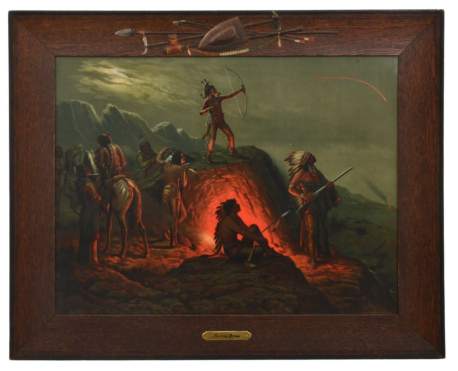 The Burning Arrow Native American Print with Oak Frame in Applied Motifs (1 of 1)