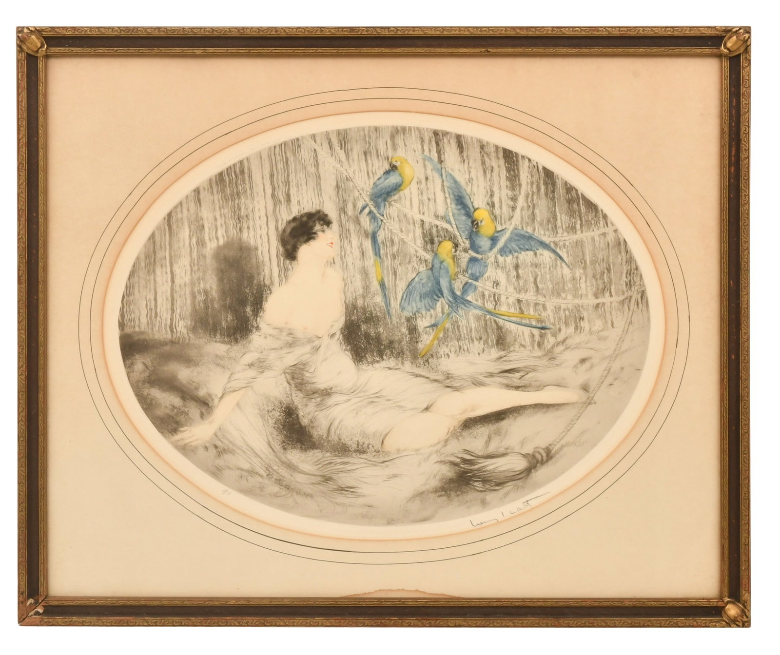 Louis Icart (French, 1888-1950), "Parrots" (1925): Louis Icart (French, 1888-1950) "Parrots" (1925) etching and acquaint in colors signed "Louis Icart" 14 3/4 x 19 1/2 inches (sight) 21 x 25 1/2 inches (frame) Provenance: Private Collection, New Je