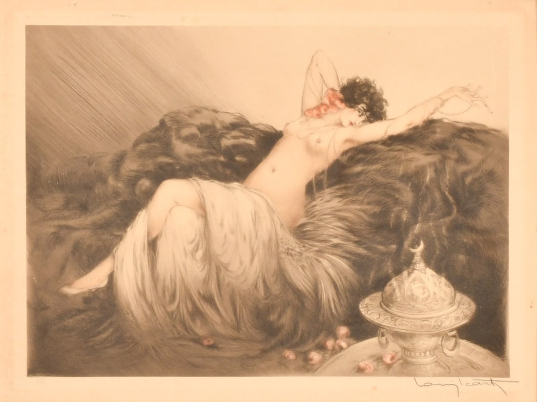 Louis Icart (French, 1888-1950), "Smoke" (1926): Dad Louis Icart (French, 1888-1950) "Smoke" (1926) etching and acquaint in colors signed "Louis Icart" 16 1/2 x 21 3/4 inches (sight) 29 x 34 inches (frame) Provenance: Private Collection, New Jers