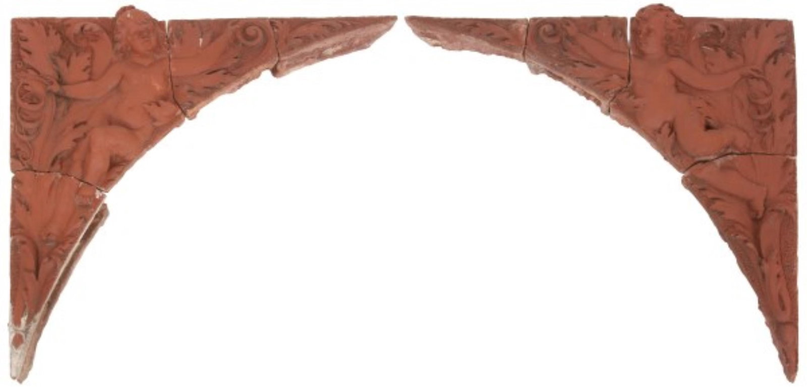 A Terracotta Relief Decorated Architectural Arch with Cherubs: A Terracotta Relief Decorated Architectural Arch with Cherubs late 19th century the large two-section arch divided into eight pieces, has large relief decorated figural putti at the corners