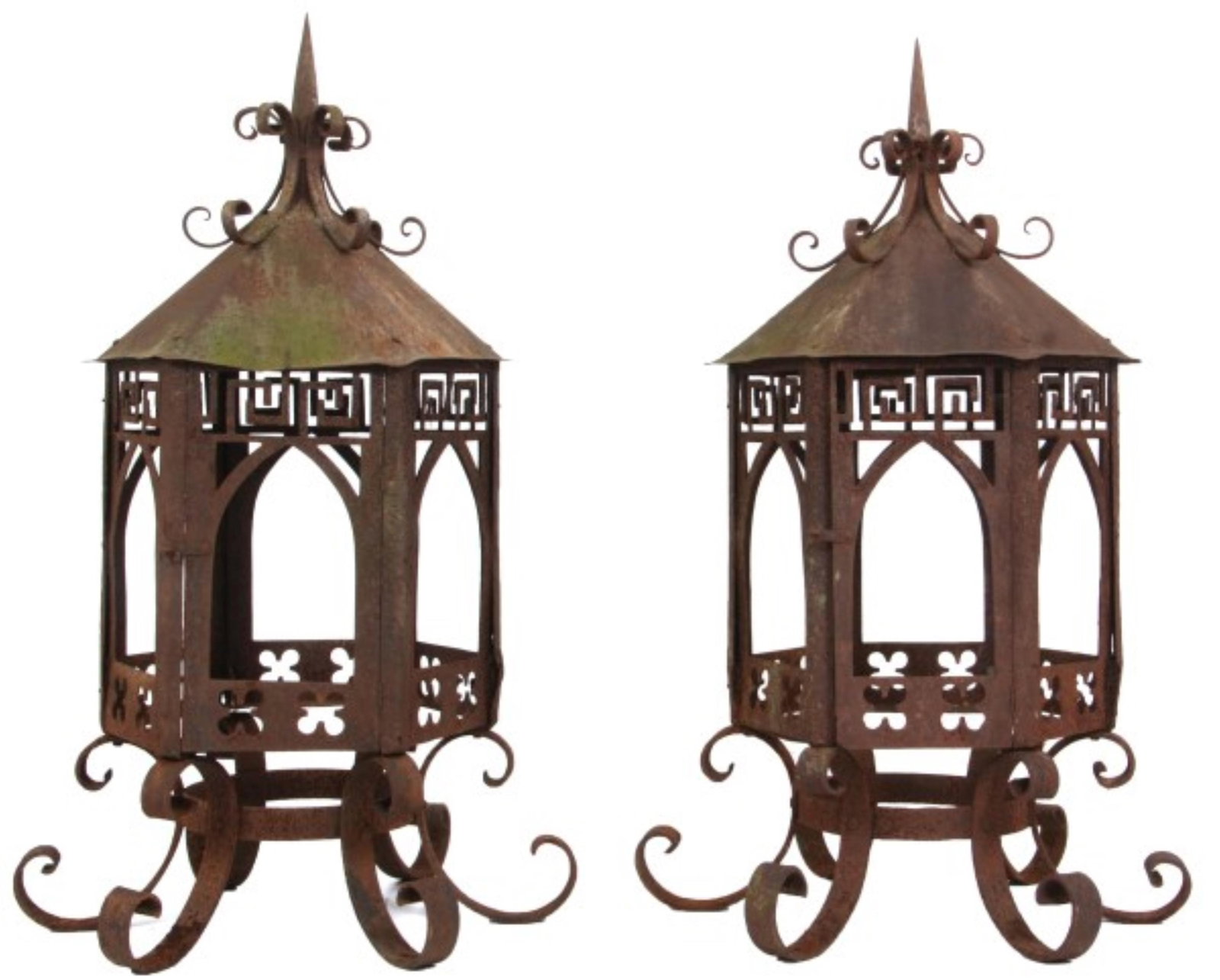 A Pair of Monumental Wrought Iron Lanterns: A Pair of Monumental Wrought Iron Lanterns 19th century 54 x 24 x 24 inches
