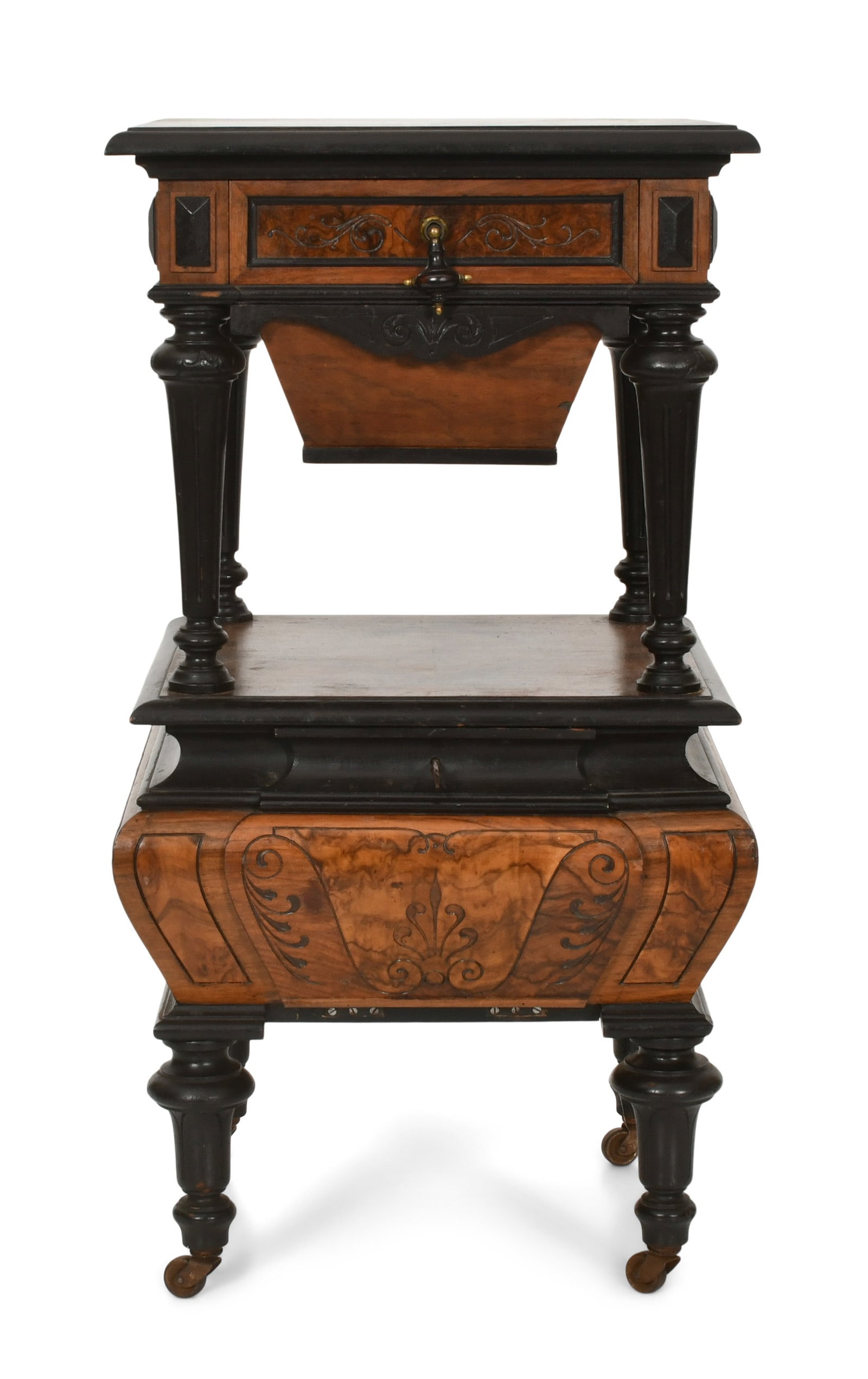 American Renaissance Revival Ebonized & Burl Walnut Sewing Stand (1 of 1)