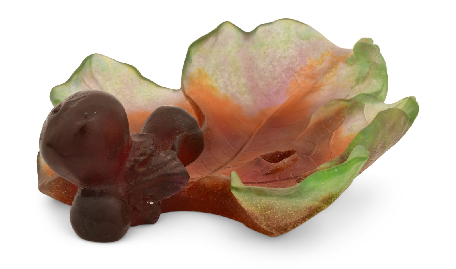 Daum, Nancy, Vide-Poche with Fig Leaf & Lizard: Van Briggle Pottery "Lady of the Lake" Flower Bowl early 20th century glazed earthenware each piece marked to the underside 10 x 14 1/2 x 11 1/2 inches Provenance: Private Collection, Massachusetts