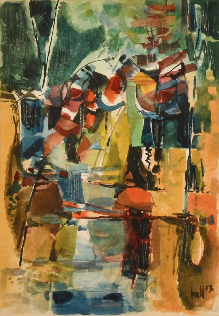 Gilbert Hall, "Undergrowth," Watercolor, The Columbus Art League, 1958: Van Briggle Pottery "Despondency" Vase early 20th century glazed earthenware marked to the underside 18 x 8 1/2 inches Provenance: Private Collection, Massachusetts