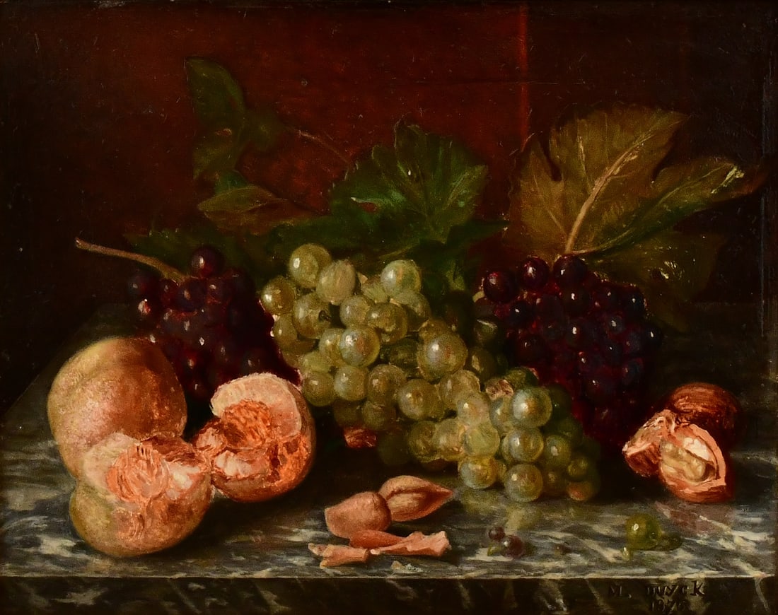 Still Life with Grapes & Peaches, Oil on Panel, 19th Century, Signed M. Duyck, 1876 (1 of 1)