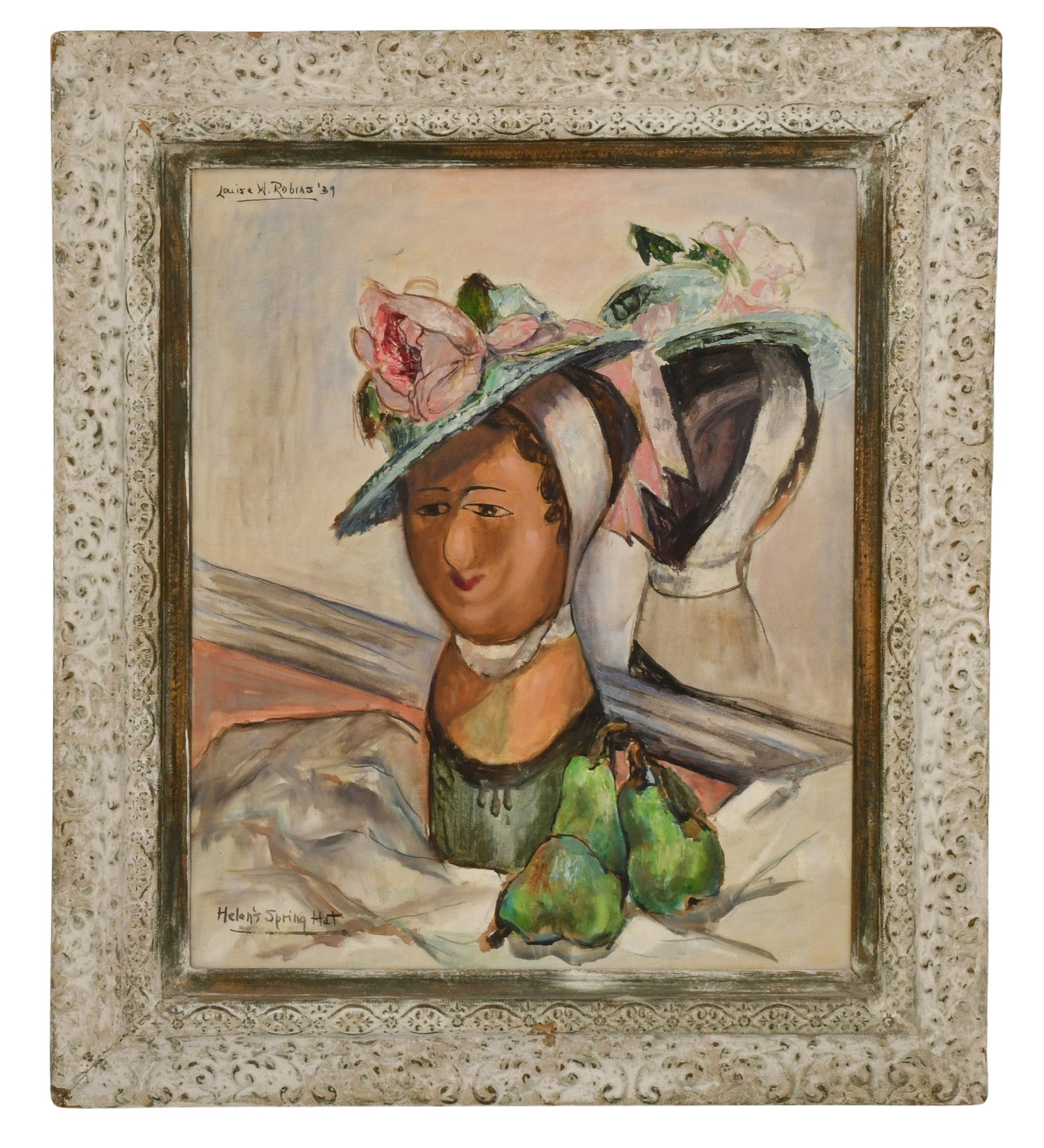 Louisa Winslow Robins (American, 1898-1962), "Helen's Spring Hat": Louisa Winslow Robins (American, 1898-1962) "Helen's Spring Hat" oil on canvas signed, dated and titled 24 x 20 inches (canvas) 32 x 28 inches (frame) Provenance: Private Collection, Buffalo, New Y