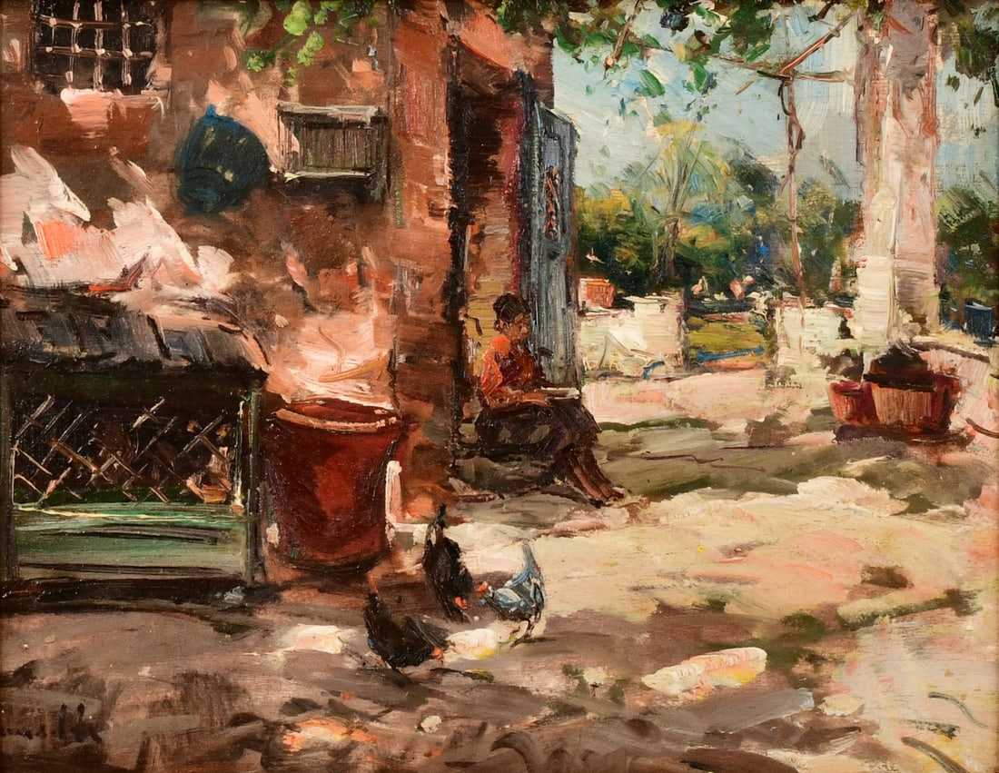 Nicola Canzanella (Italian, 1929-2014), Seated Woman with Chickens: Nicola Canzanella (Italian, 1929-2014) Seated Woman with Chickens oil on board signed "Canzanella" (lower left) 13 3/4 x 18 inches (board) 20 1/4 x 24 1/4 inches (frame) Provenance: Private Collect