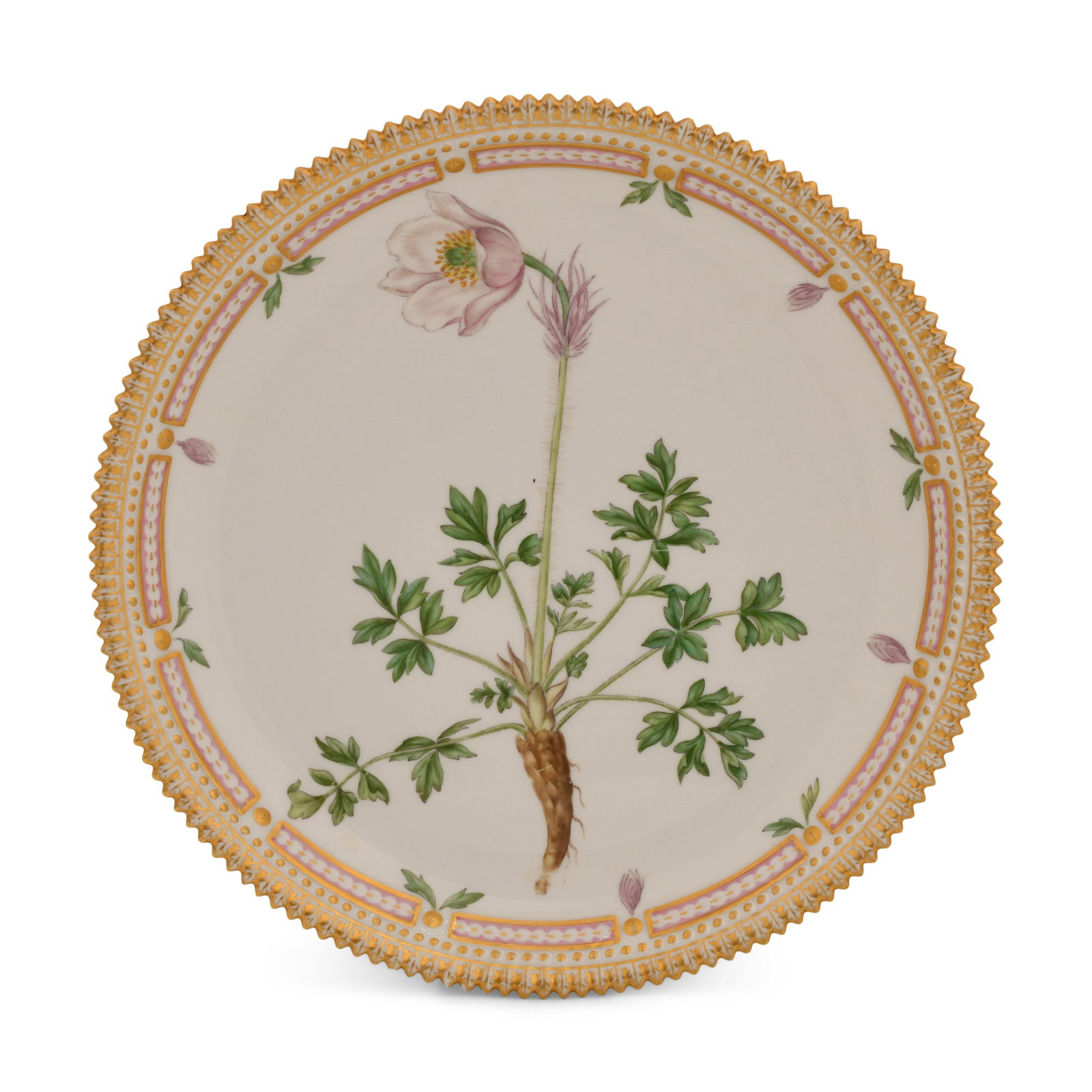Royal Copenhagen Flora Danica "Anemone Vernalis" Plate: Marblehead Pottery Bowl & Candlestick early 20th century each marked to the underside 2 1/4 x 10 inches (bowl) 4 1/4 x 4 1/2 inches (candlestick) Provenance: Private Collection, New Hampshire