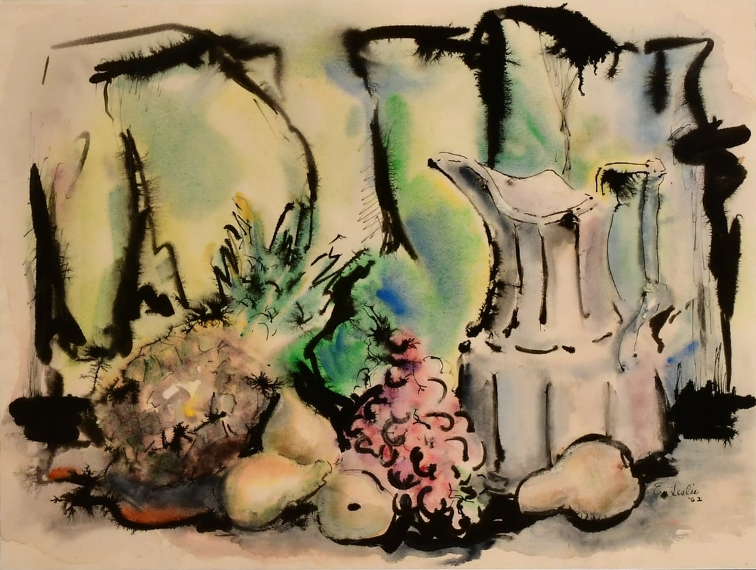Abstract Still Life with Fruit, Watercolor, Signed E. Leslie '62 (1 of 1)