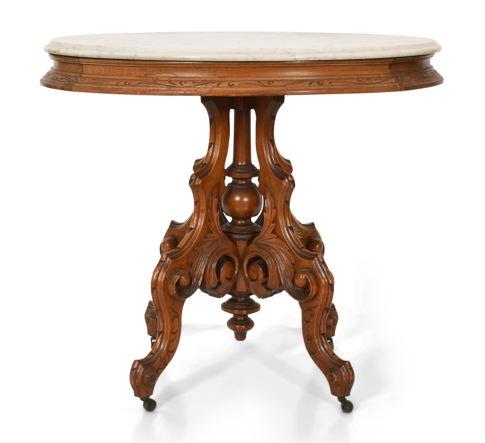 American Carved Walnut Marble-Top Center Table: James Scoppettone (American, b. 1937) French Street Scene oil on canvas signed "Scoppettone" (lower right) 24 x 30 inches (canvas) 31 1/4 x 37 1/4 inches (frame) Provenance: Private Collection, Buf