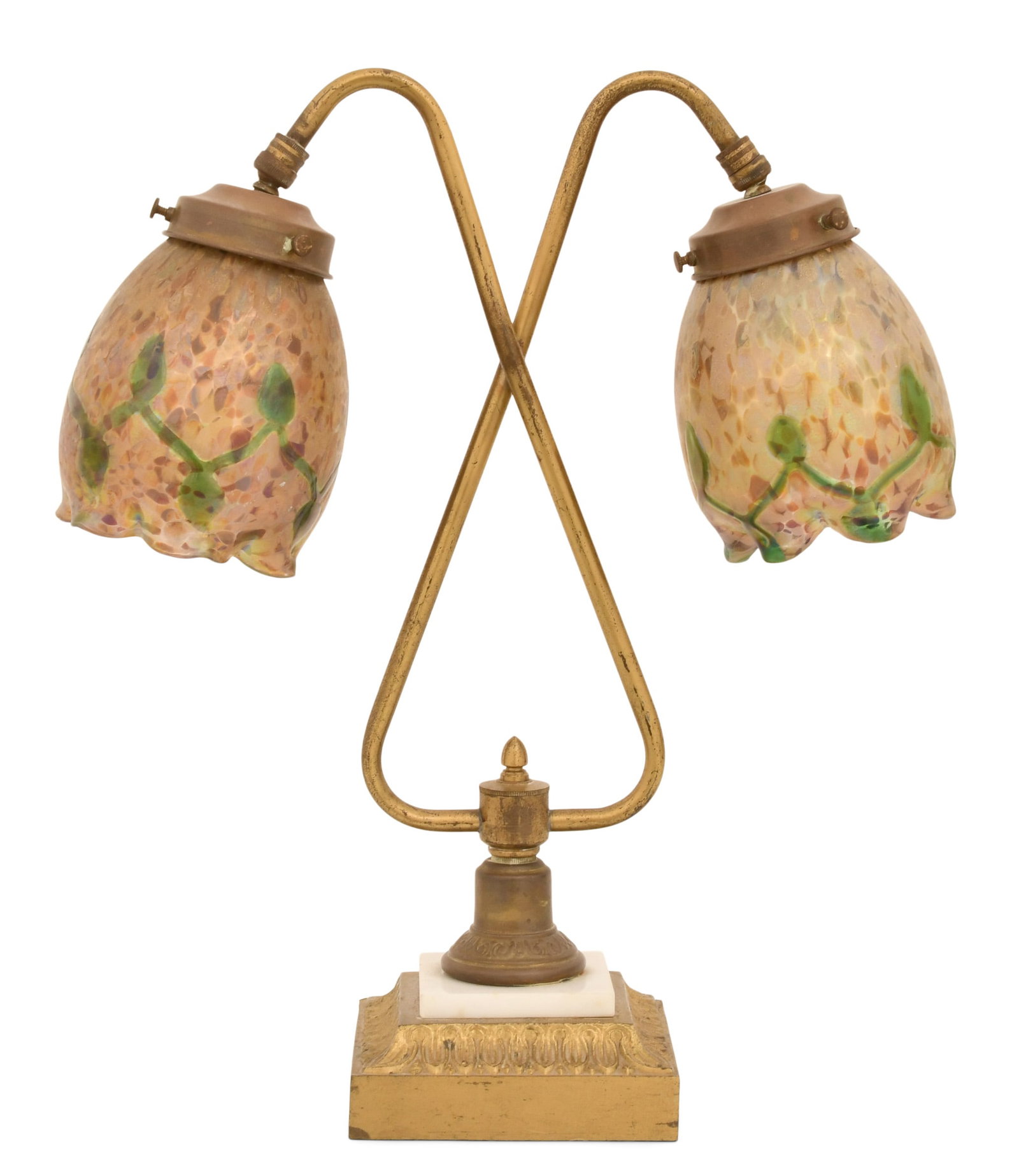 Austrian Art Glass & Bronze Double Student Lamp: Austrian Art Glass & Bronze Double Student Lamp early 20th century 16 1/2 x 14 x 5 inches