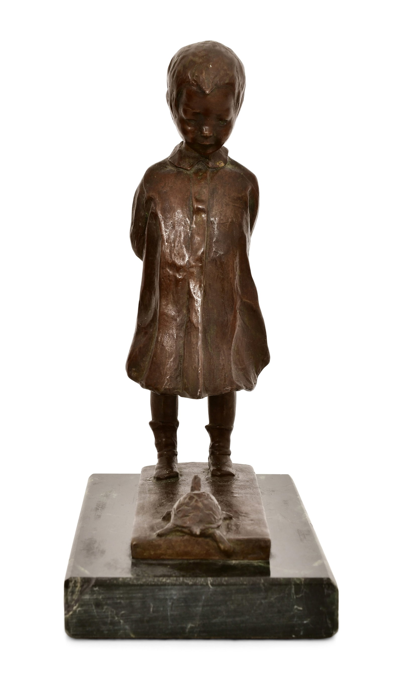 M.J. Cornwell / Gorham Co. Bronze Figure of a Young Girl & Turtle, Limited Edition: M.J. Cornwell / Gorham Co. Bronze Figure of a Young Girl & Turtle, Limited Edition circa 1909 marked "M.J. Cornwell, Fecit, 1909, Gorham Co." 8 x 5 3/4 x 3 1/2 inches Provenance: Property from an