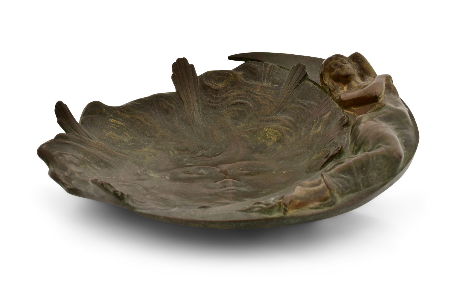 Jean Garnier (French, 1853-1910), Art Nouveau Bronze Figural Plate: Jean Garnier (French, 1853-1910) Art Nouveau Figural Plate patinated bronze signed "J. Garnier" and with foundry mark "Bronze Garanti au Titre, L.V. Deposee" 2 1/4 x 7 inches Provenance: Property