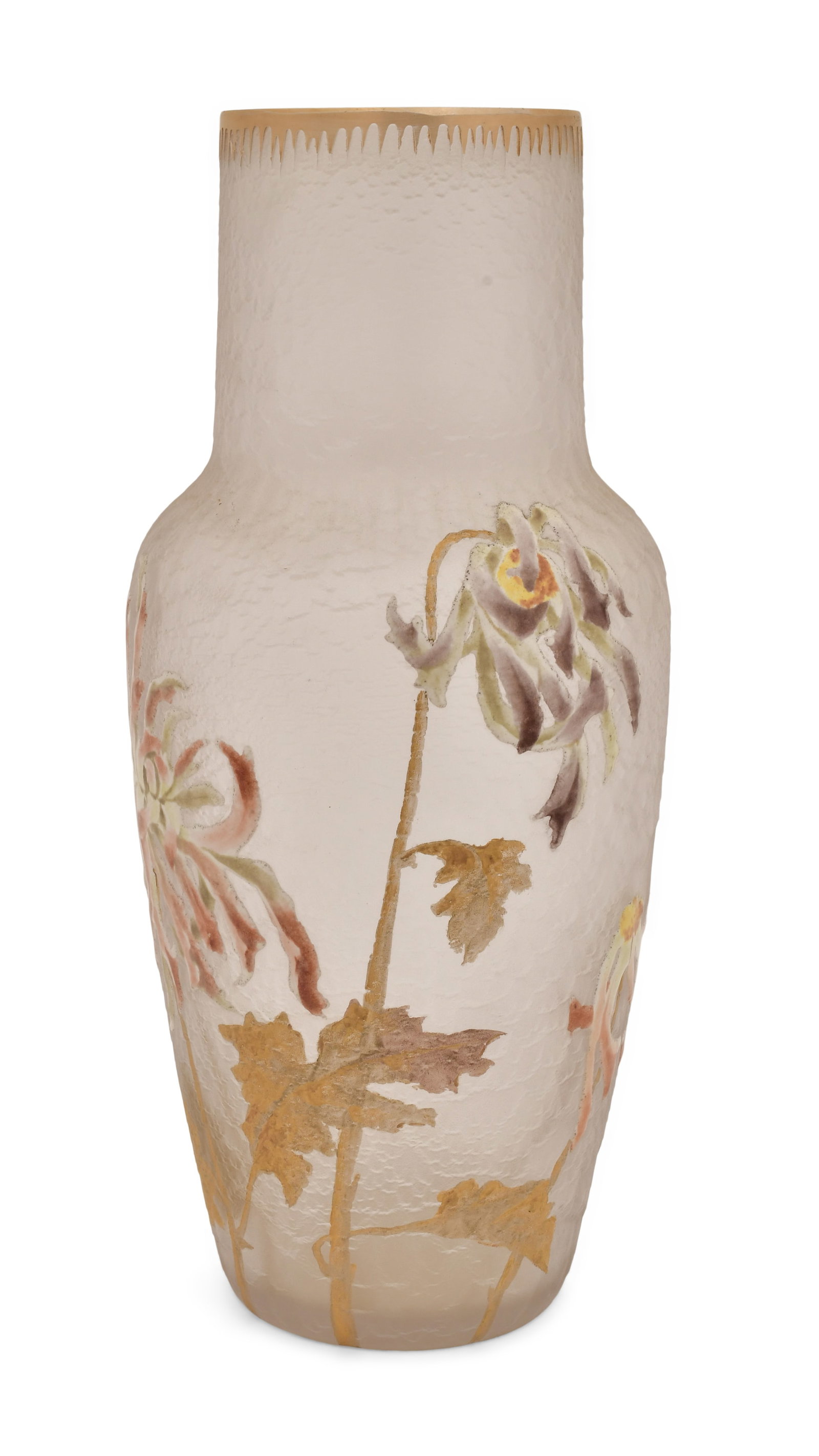 Attr. Legras Mont Joye Enamel-Decorated Glass Vase: Attr. Legras Mont Joye Enamel-Decorated Glass Vase circa 1900 unsigned 12 x 5 1/2 inches Provenance: Private Collection, Massachusetts