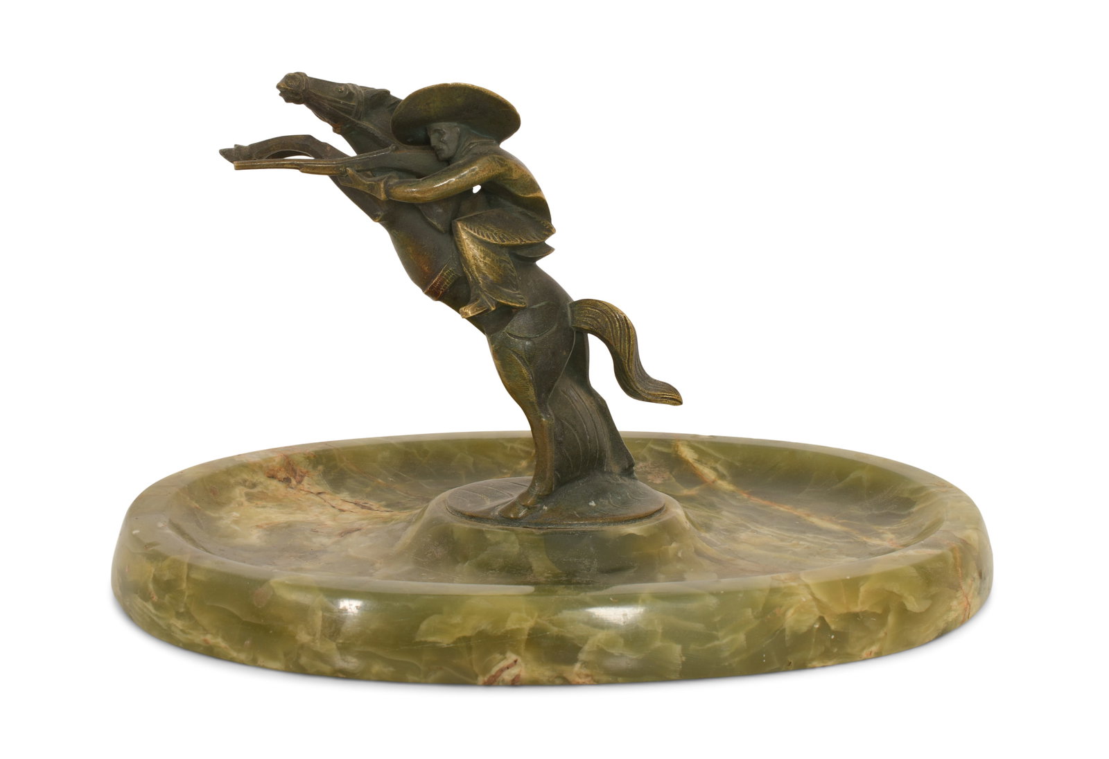 Austrian Bronze Sculpture of a Man on Horseback with Onyx Base: Austrian Bronze Sculpture of a Man on Horseback with Onyx Base early 20th century 6 1/2 x 11 x 7 inches Provenance: Property from an Important Northeast Collection
