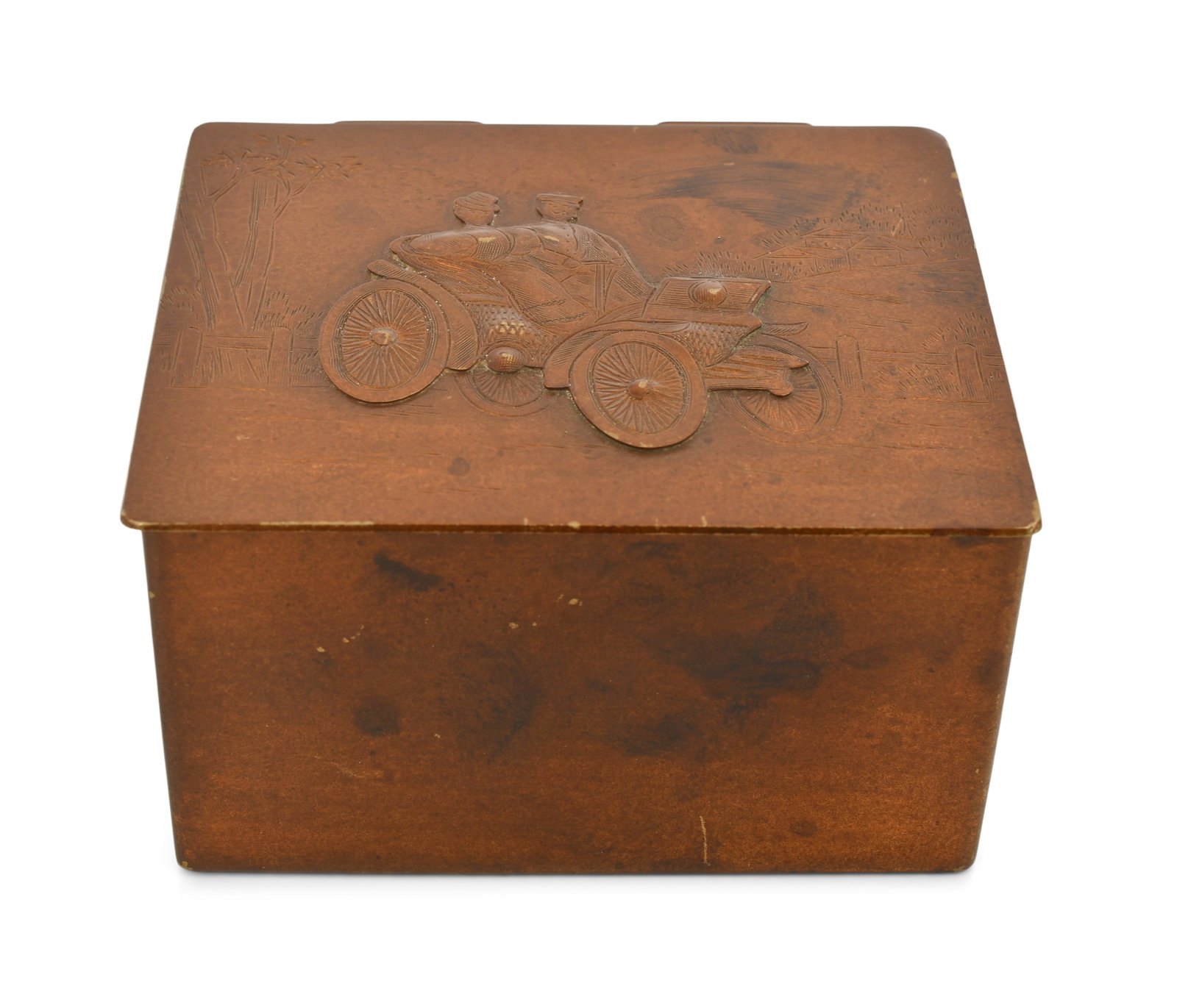 Tiffany & Co. Bronze Desk Box with Horseless Carriage: Tiffany & Co. (New York, est. 1837) Desk Box with Horseless Carriage early 20th century gilt bronze marked "Tiffany & Co." 2 1/2 x 4 x 3 1/2 inches Provenance: Property from an Important Northeast