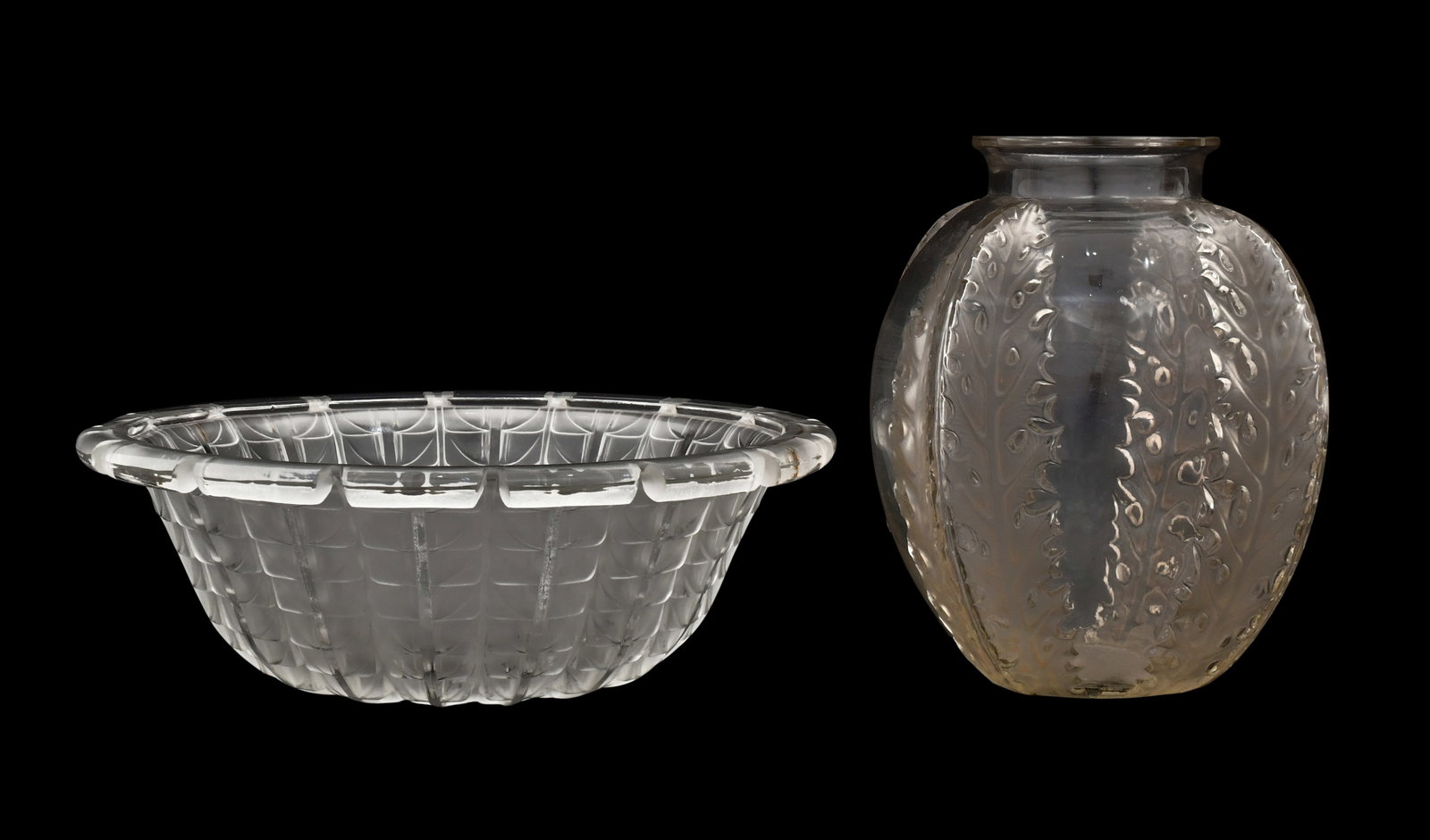 René Lalique (French, 1860-1945), "Acacia" Bowl and "Chardons" Vase: René Lalique (French, 1860-1945) "Acacia" Bowl and "Chardons" Vase molded glass each marked "R. Lalique" 3 1/2 x 10 1/2 inches (bowl) 7 1/4 x 6 inches (vase) Provenance: Property from an