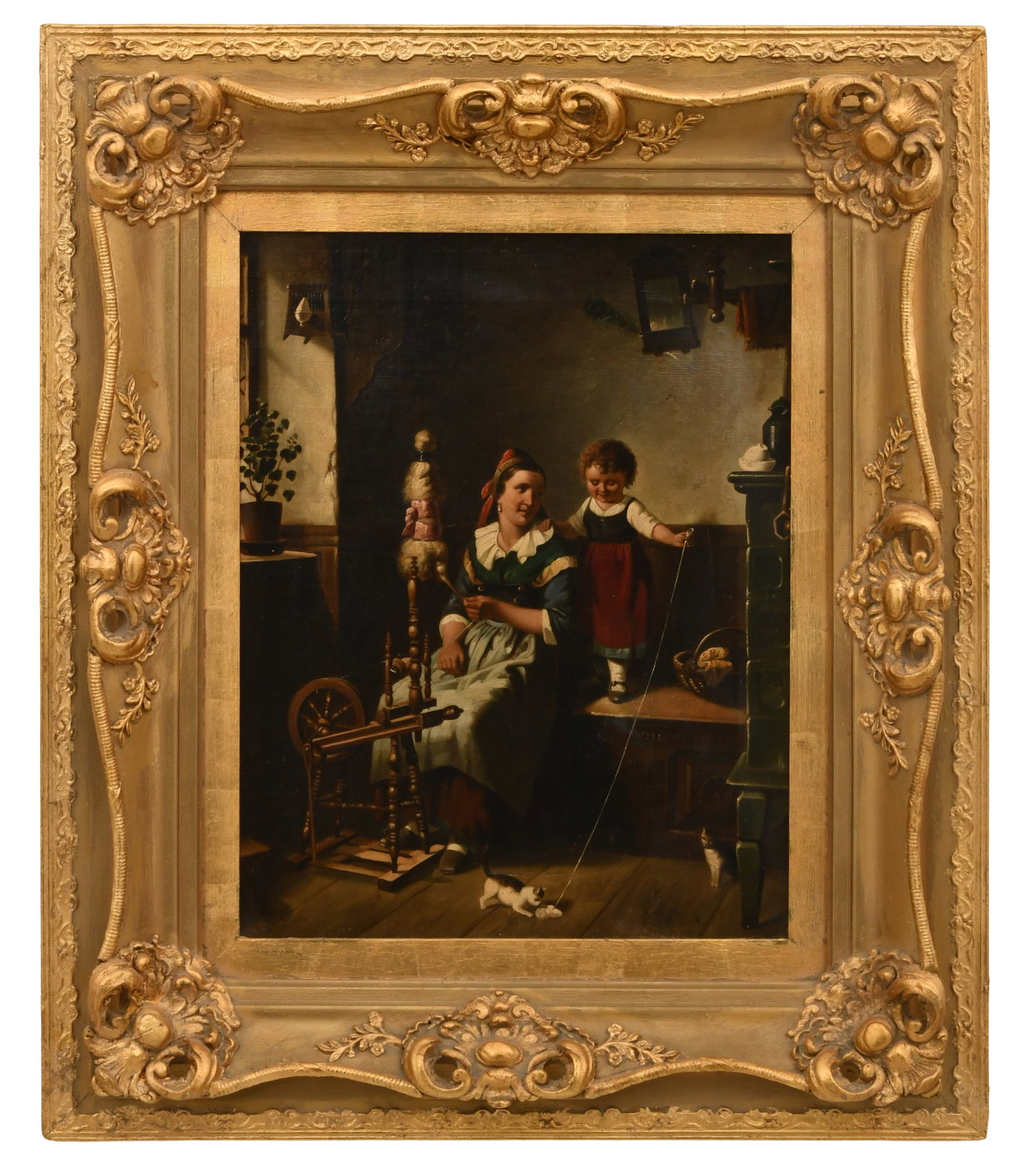 Interior Scene with a Mother, Child & Kitten, Oil on Canvas, 19th Century: A Gilt Bronze & Black Glass Oval Cocktail Table early 20th century 16 x 43 x 27 1/2 inches Provenance: Private Collection, Pennsylvania
