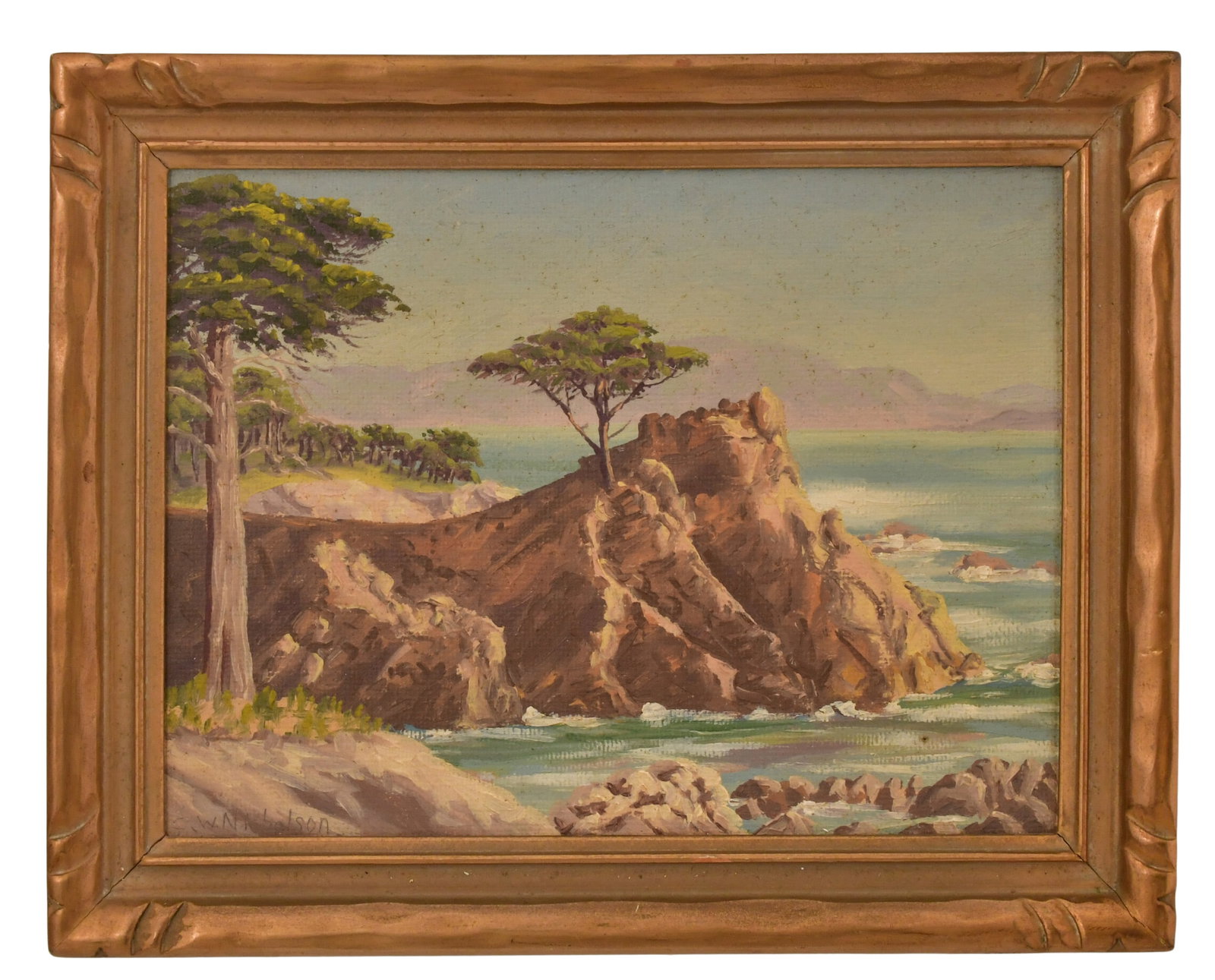 Charles Wesley Nicholson (American, 1886-1965), "Lone Cypress": Charles Wesley Nicholson (American, 1886-1965) "Lone Cypress" oil on board signed "C.W. Nicholson" (lower left) 8 1/2 x 11 1/2 inches (sight) 11 1/2 x 14 1/2 inches (frame) Provenance: Private Coll