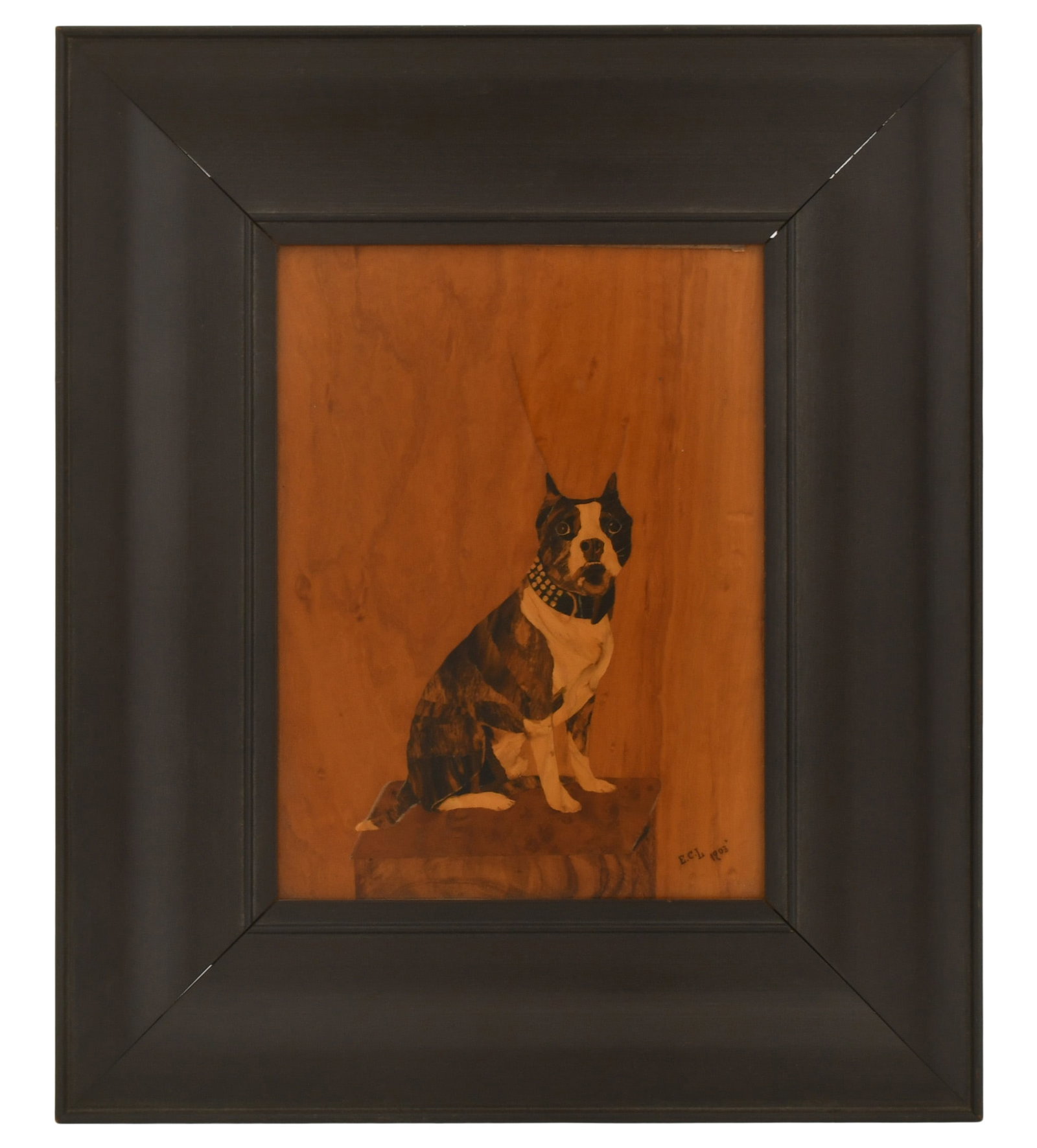 American Inlaid Panel of a Dog: American Inlaid Panel of a Dog circa 1903 marked "E.C.L. 1903" 9 x 6 3/4 inches (sight) 15 x 12 3/4 inches (frame) Provenance: Property from an Important Northeast Collection