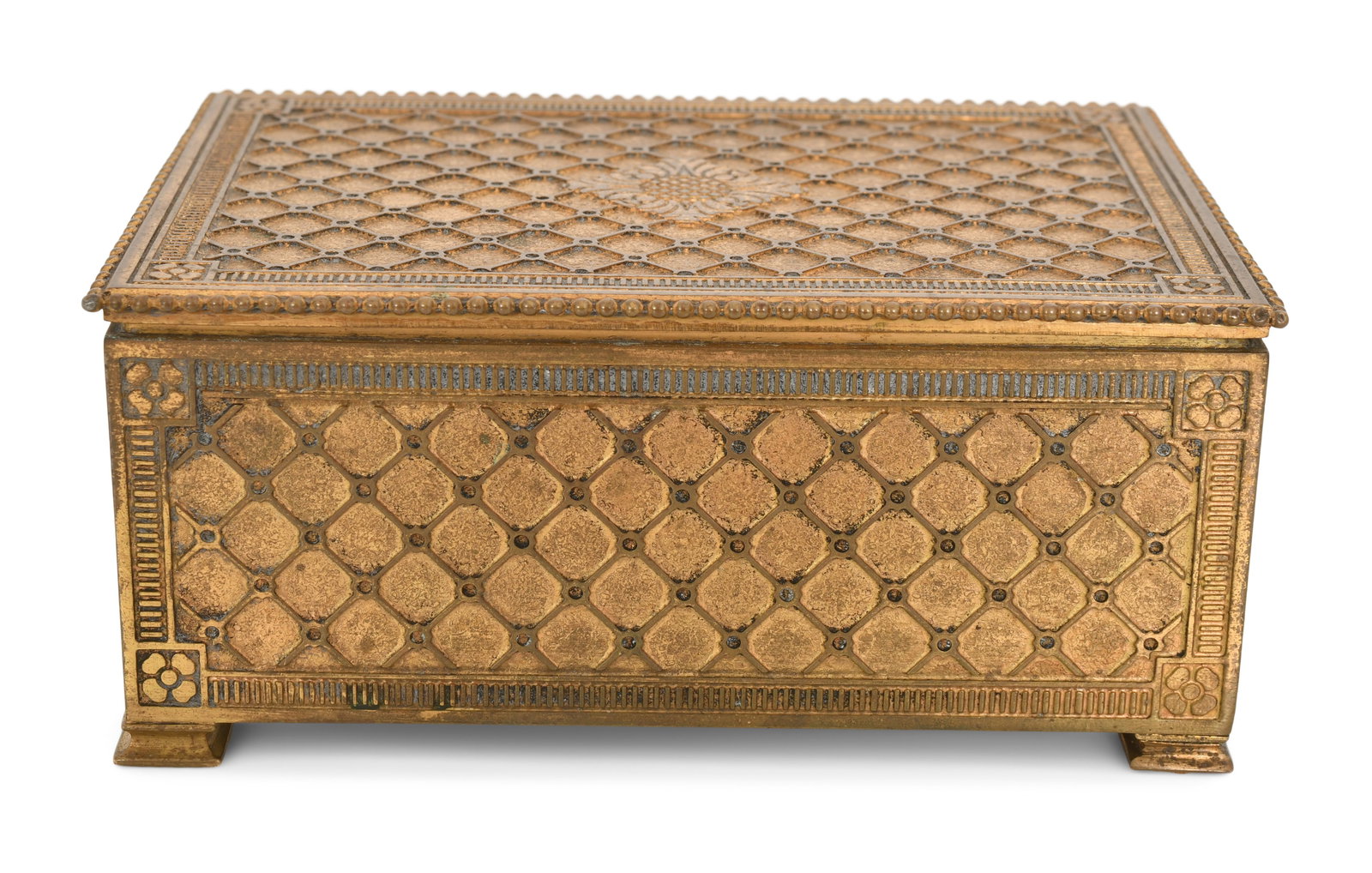 Tiffany & Co. Bronze Dresser Box: Tiffany & Co. (New York, est. 1837) Dresser Box early 20th century gilt bronze marked "Tiffany & Co., 18" 2 1/4 x 5 x 3 1/2 inches Provenance: Property from an Important Northeast Collection O