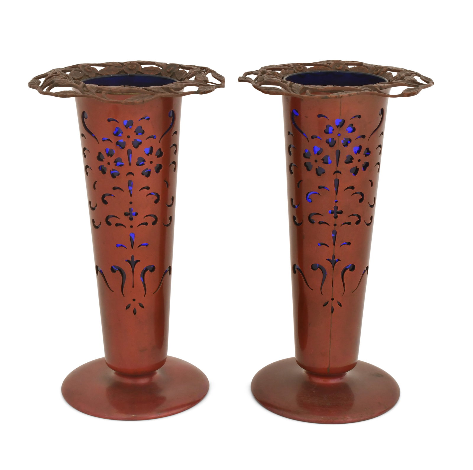 A Pair of American Copper & Glass Reticulated Vases (1 of 5)