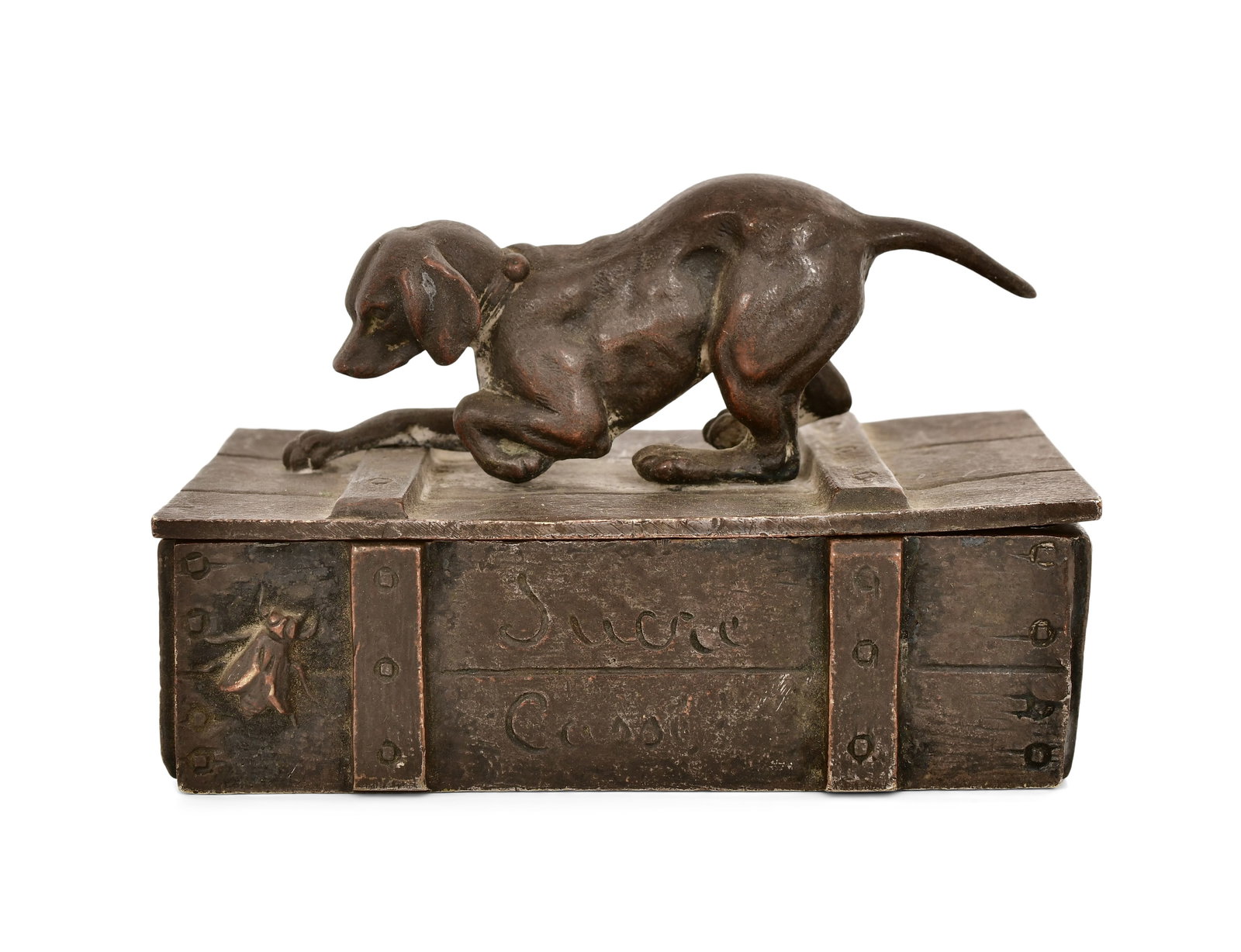 Gorham Co. Bronze Stamp Box with Dog & Fly: Gorham Co. Bronze Stamp Box with Dog & Fly early 20th century marked "Gorham Co., 055" 2 1/2 x 4 x 2 1/4 inches Provenance: Property from an Important Northeast Collection Other Notes: Fontaine's Auct