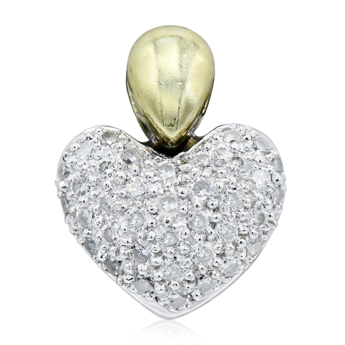 18K White Gold, Yellow Gold & Diamond Heart Pendant: 18K White Gold, Yellow Gold & Diamond Heart Pendant • set with round brilliant diamonds weighing a total of 0.19 carats • 1/2 inch (length) • 0.8 dwt (total weight) Provenance: Private 