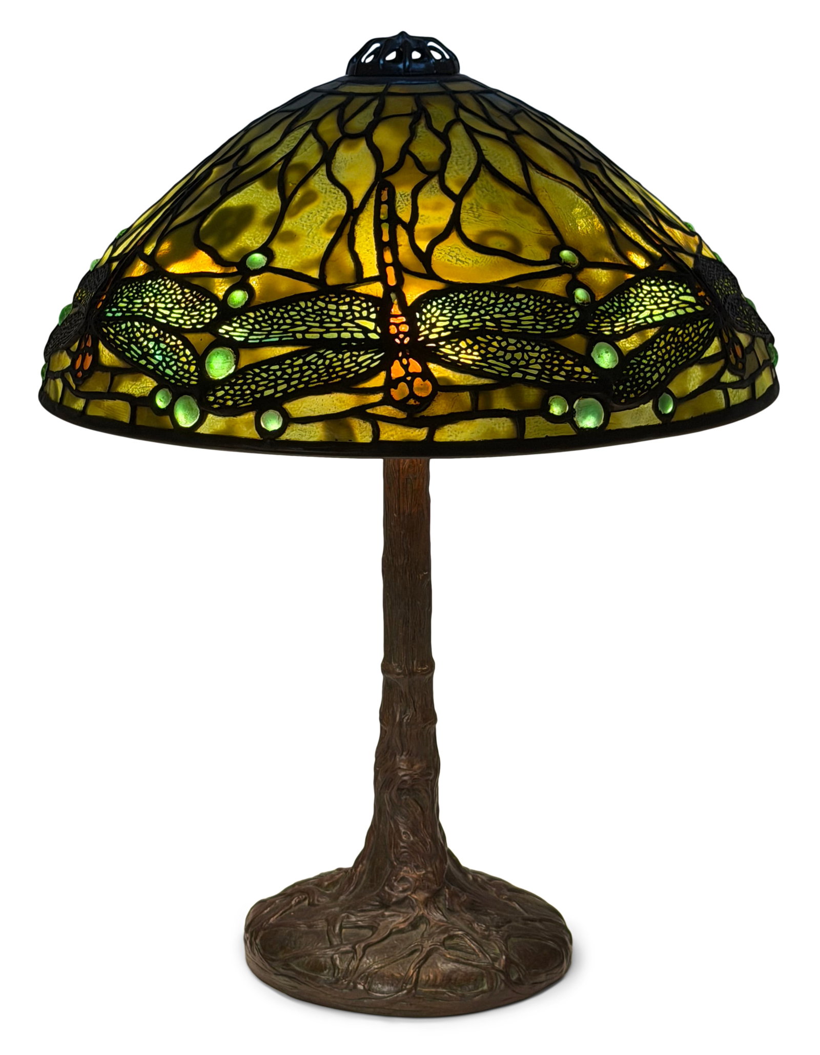 Tiffany Studios "Dragonfly" Table Lamp: Tiffany Studios "Dragonfly" Table Lamp circa 1910 with a rare "Tree" base leaded glass, patinated bronze shade impressed "Tiffany Studios, New York, 1585" base impressed "Tiffany Studios, New York, 55