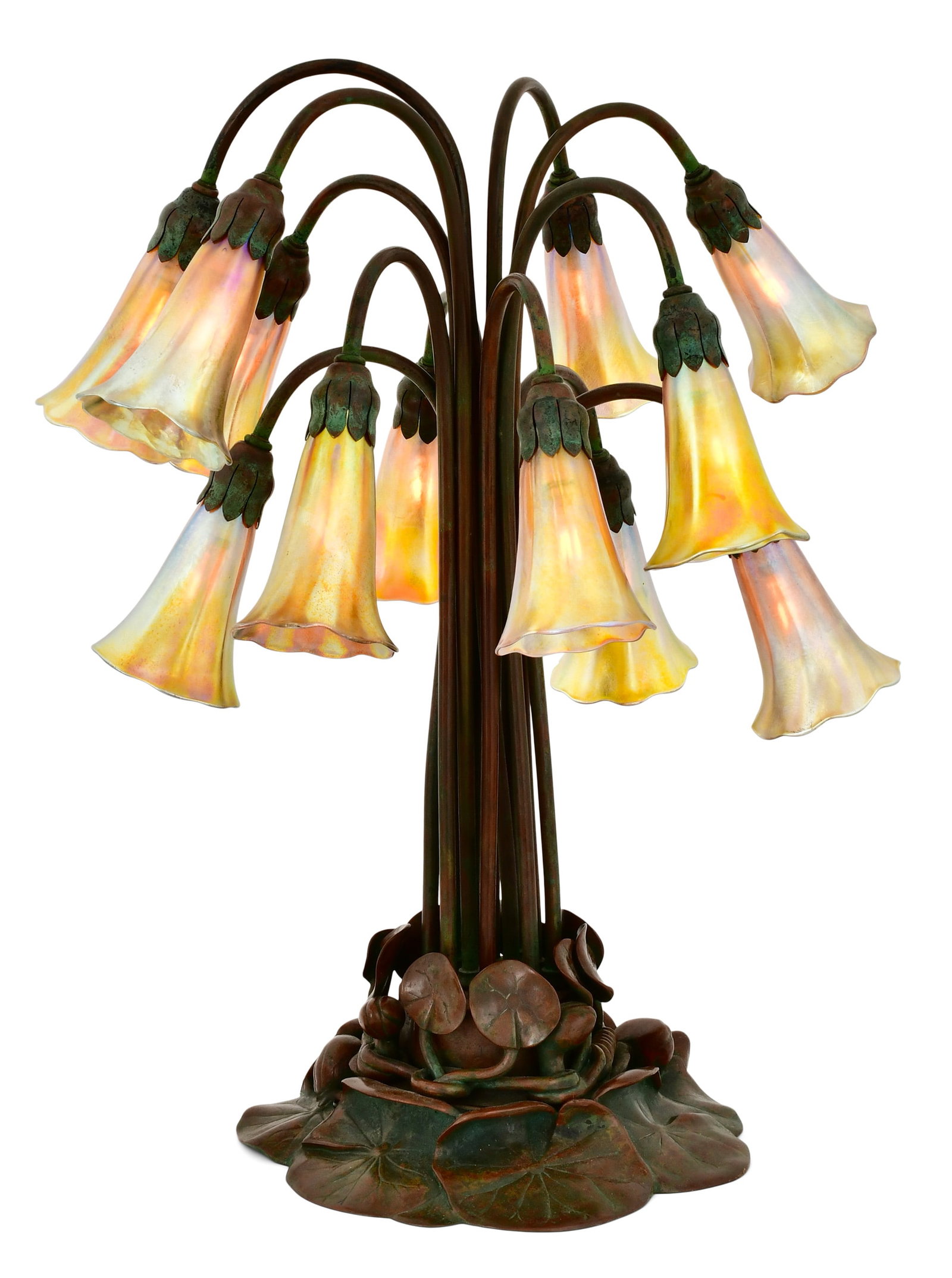 Tiffany Studios Twelve-Light "Lily" Table Lamp: Tiffany Studios Twelve-Light "Lily" Table Lamp circa 1910 favrile glass, patinated bronze ten shades engraved "L.C.T." and two shades engraved "L.C.T. - Favrile" base impressed "Tiffany Studios, New