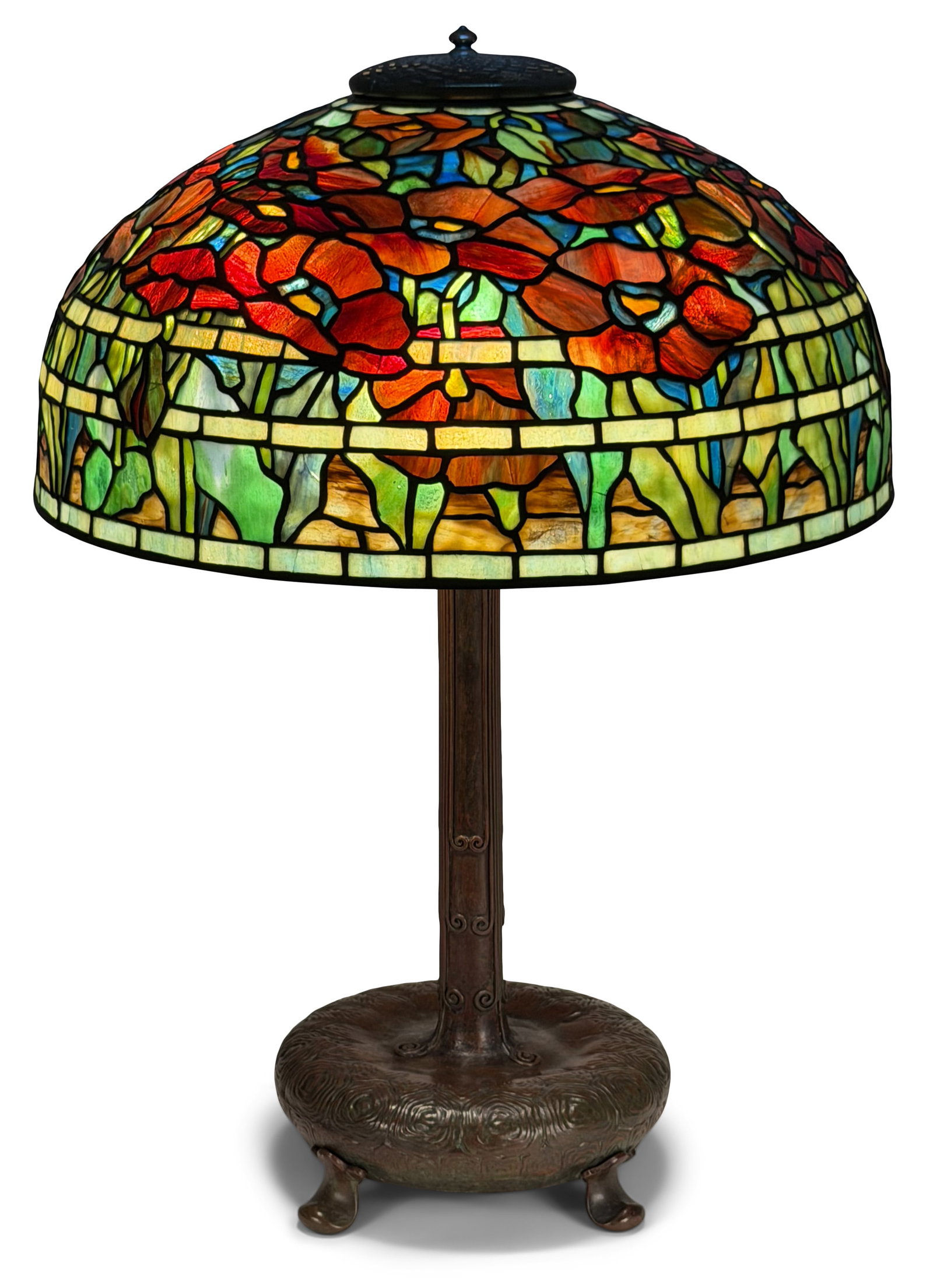 Tiffany Studios "Oriental Poppy" Table Lamp: Tiffany Studios "Oriental Poppy" Table Lamp circa 1910 with a rare "Mud Turtle" base leaded glass, patinated bronze shade impressed "Tiffany Studios, New York, 1598" base impressed "Tiffany Studios, N