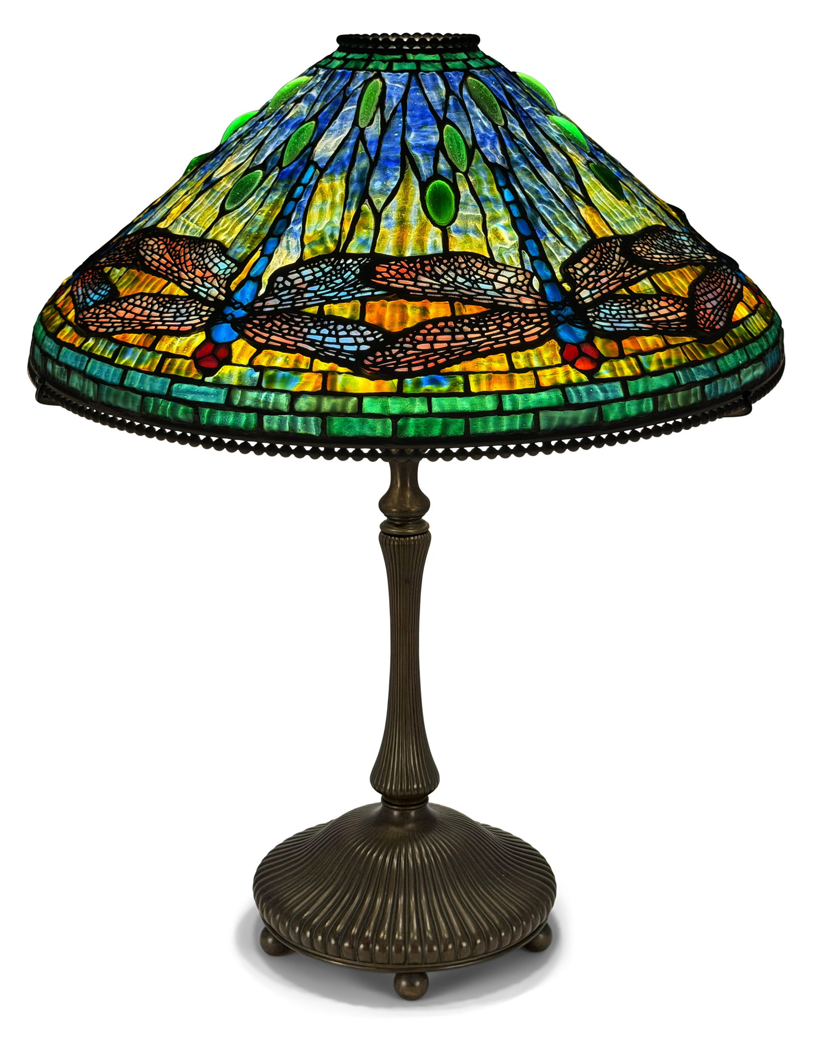 Tiffany Studios, An Early & Rare "Dragonfly" Table Lamp: Tiffany Studios An Early & Rare "Dragonfly" Table Lamp circa 1898 leaded glass, patinated bronze base impressed "Tiffany Studios, New York, D795" and with the Tiffany Glass & Decorating Co. monogram
