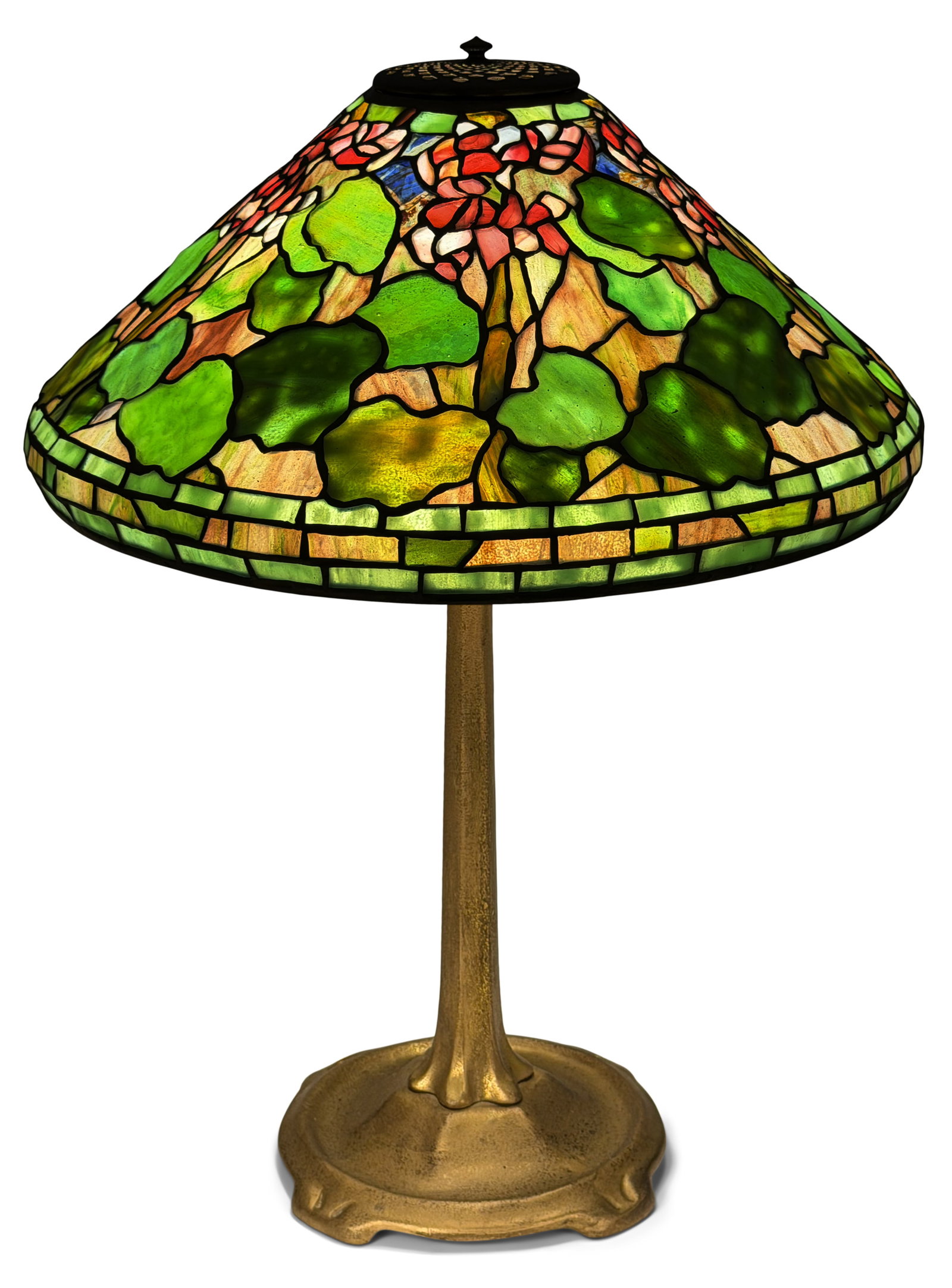 Tiffany Studios "Geranium" Table Lamp: Tiffany Studios "Geranium" Table Lamp circa 1905 leaded glass, gilt bronze shade impressed "Tiffany Studios, New York" base impressed "Tiffany Studios, New York, 533" 23 in. high, 17 in. diameter