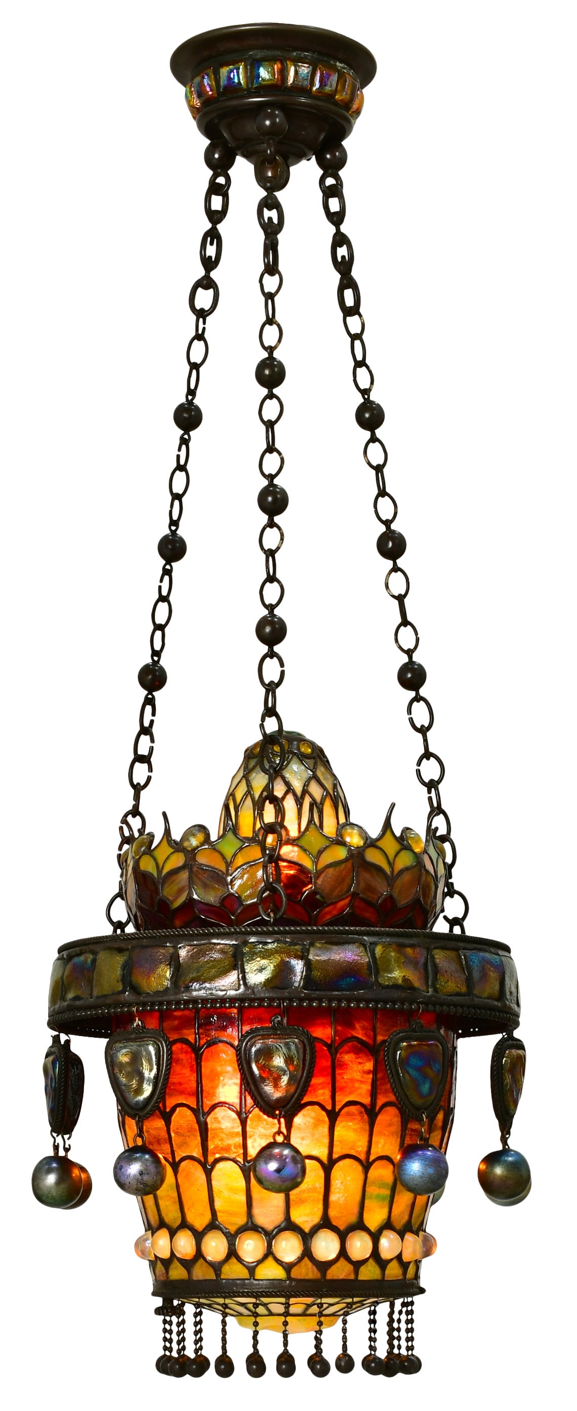 Tiffany Studios, A Rare "Turtle-Back" Moorish Lantern: Tiffany Studios A Rare "Turtle-Back" Moorish Lantern circa 1910 leaded glass, favrile glass, "turtle-back" glass, patinated bronze 33 in. drop, 12 in. diameter