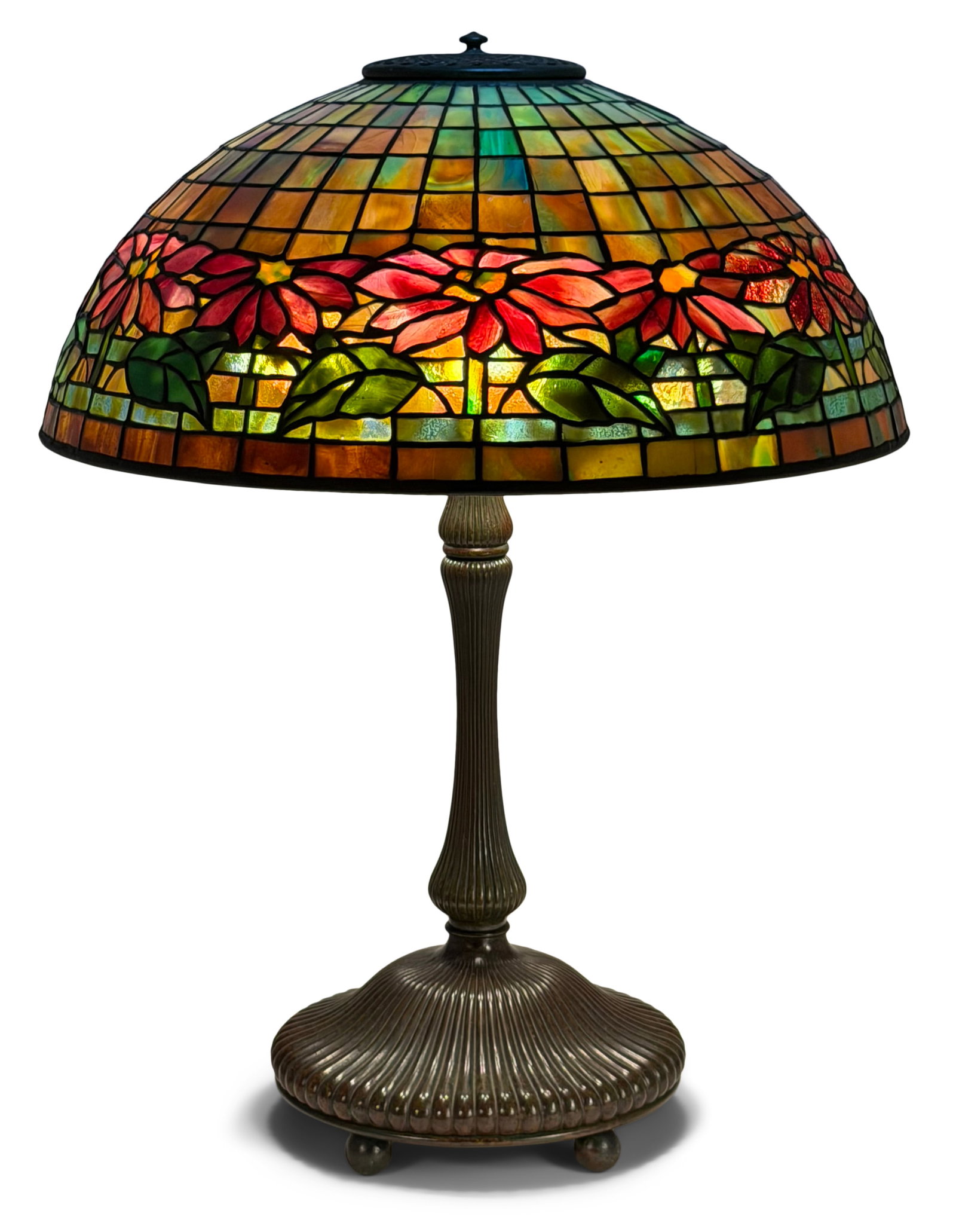 Tiffany Studios "Poinsettia" Table Lamp: Tiffany Studios "Poinsettia" Table Lamp circa 1910 leaded glass, patinated bronze shade impressed "Tiffany Studios, New York, 1558-6" base impressed "Tiffany Studios, New York, 370" 23 1/2 in. high,