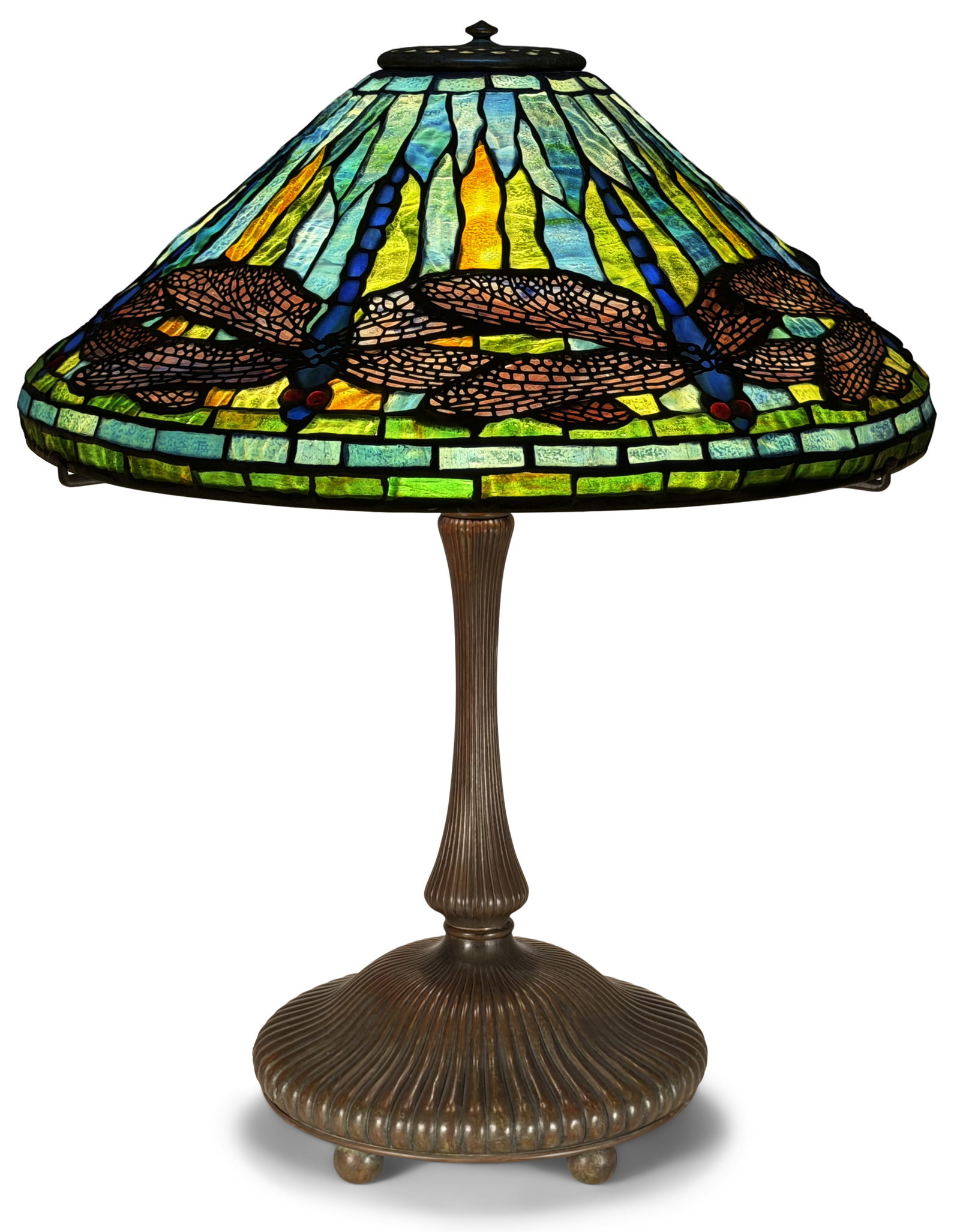 Tiffany Studios "Dragonfly" Table Lamp: Tiffany Studios "Dragonfly" Table Lamp circa 1905 leaded glass, patinated bronze shade impressed "Tiffany Studios, New York" base impressed "Tiffany Studios, New York, D795" with the Tiffany Glass & D